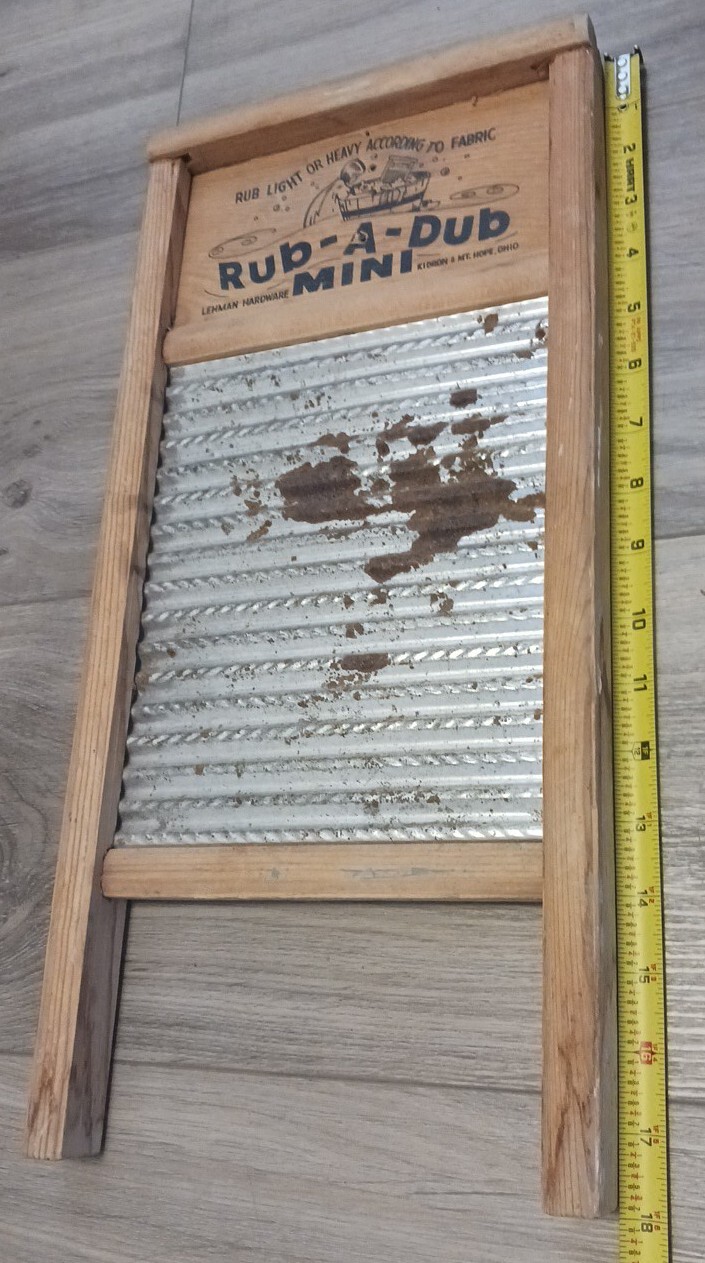 Lehman’s Rub A Dub Mini Laundry Clothes Washboard Tin Spiral Crimp Wood Frame