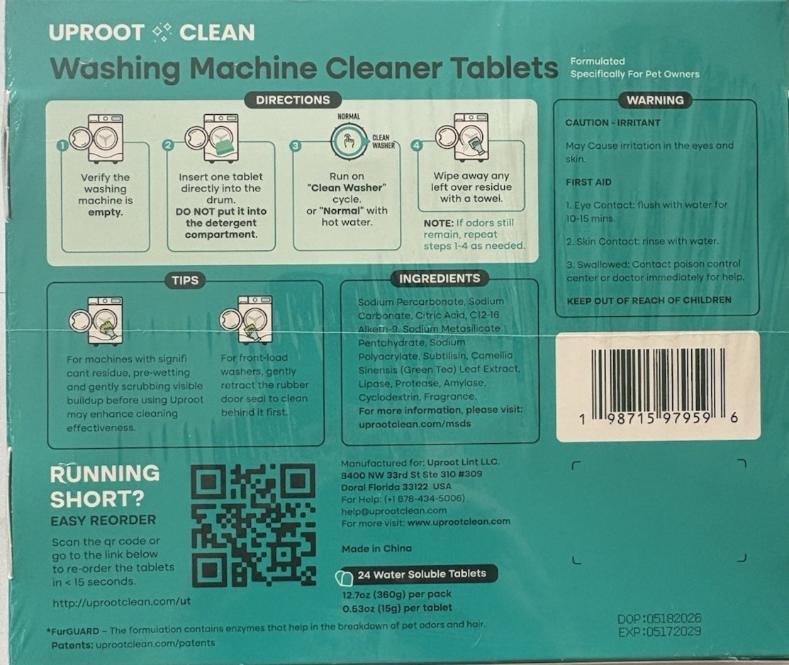 Uproot Clean Washing Machine Cleaner Ultra FurGuard 24 Tablets 12 Month NEW