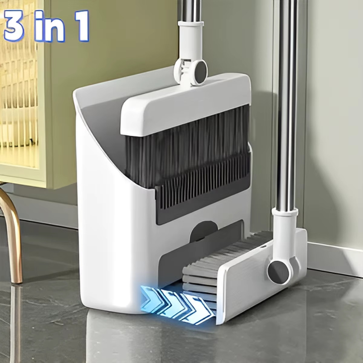 3-in-1 Long Handle Broom Dustpan Set Floor Brush Upright Home Cleaning Kit