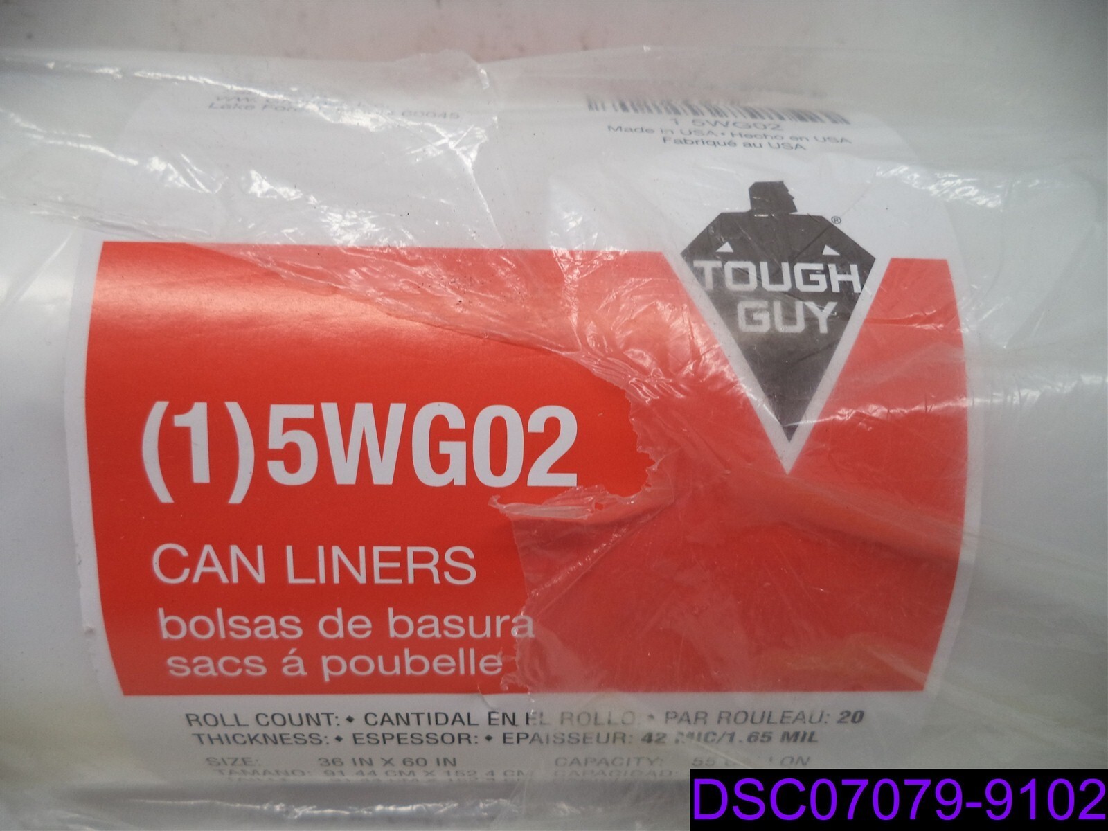 Qty = 1 Roll of 20: Tough Guy Trash Bags 55 Gallon, 1.65 Mil P/N 5WG02