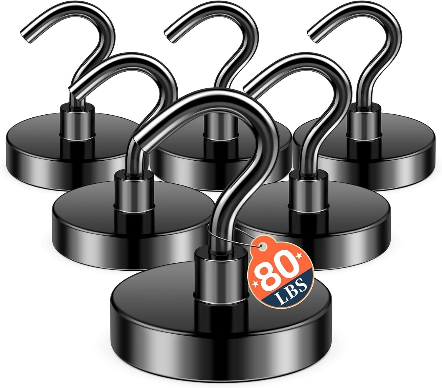 Black Magnetic Hooks, 80LB Capacity, 6 Pack for Cruise Cabins