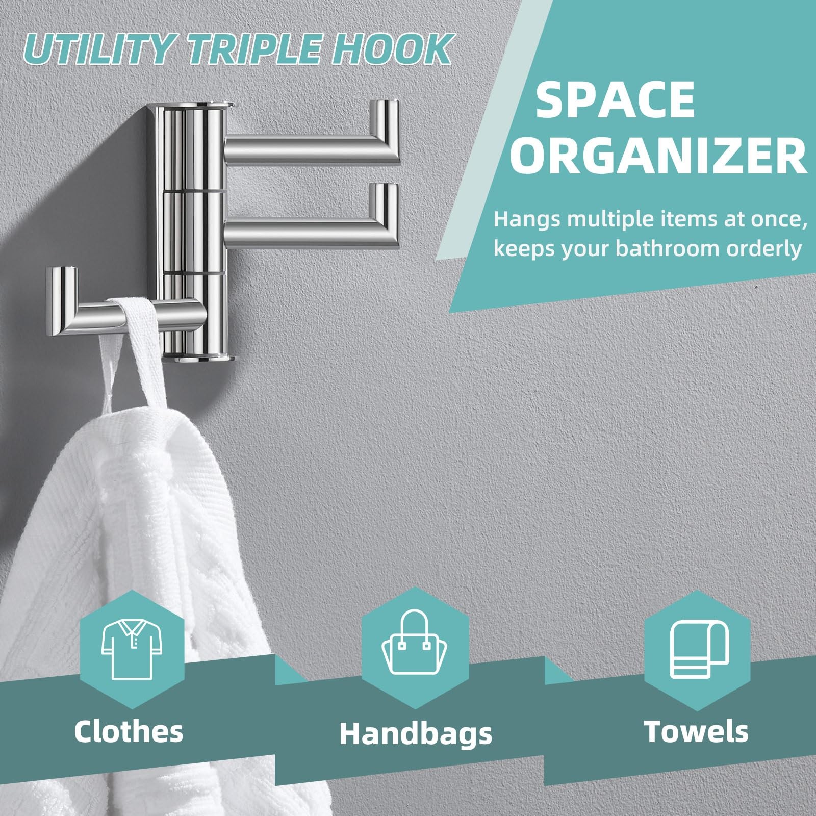 Swivel Towel Hook Polished Chrome 304 Stainless Steel Triple Robe Hook With Mult