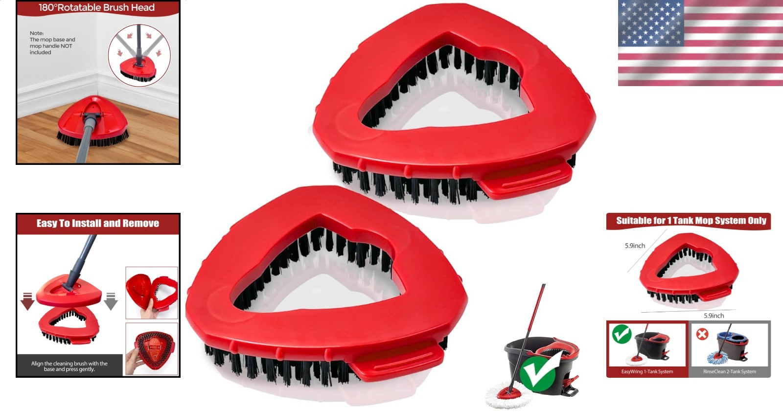 Mop Scrubber Head (2X) Stiff Nylon Bristles for Kitchen Bath Floor Tile & Walls