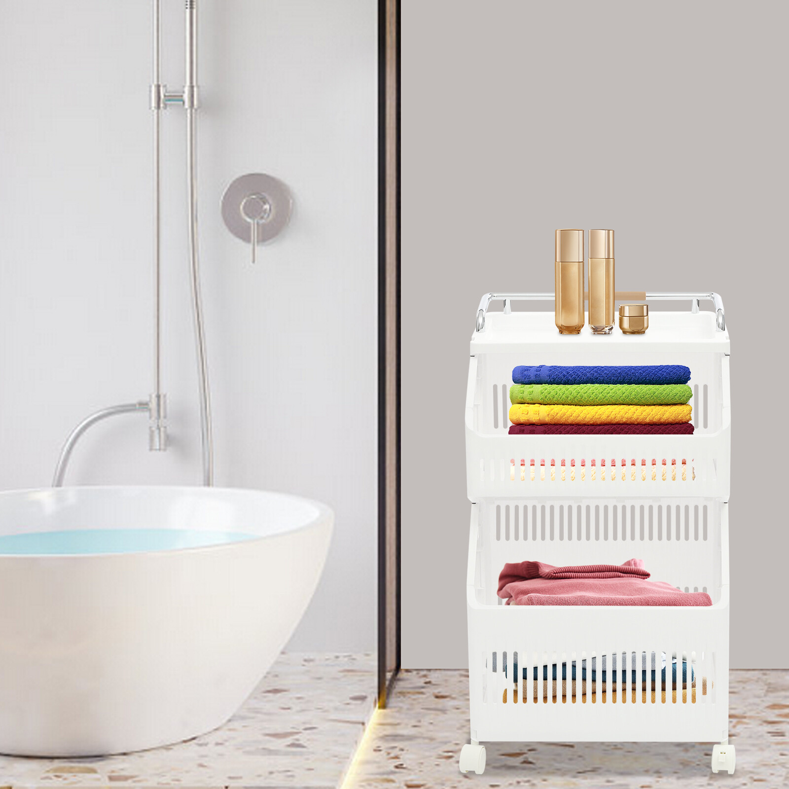 2-tier Clothes Basket Rolling Laundry Basket Collapsible Laundry Hamper Storage