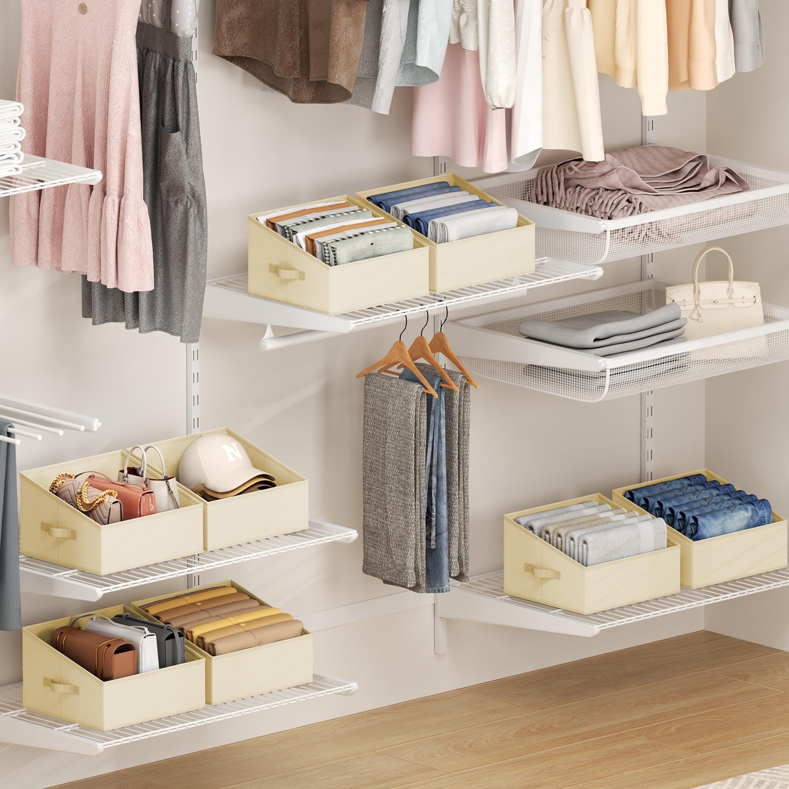 8 PCS Fabric Trapezoid Closet Storage Bins Foldable Shelf Organizer Box Beige