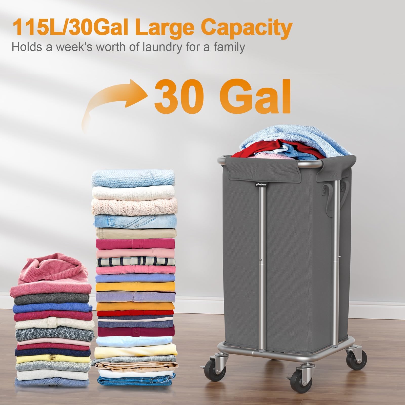 Rolling Laundry Hamper Wheels Removable Washable Liner Steel Frame 115L Gray