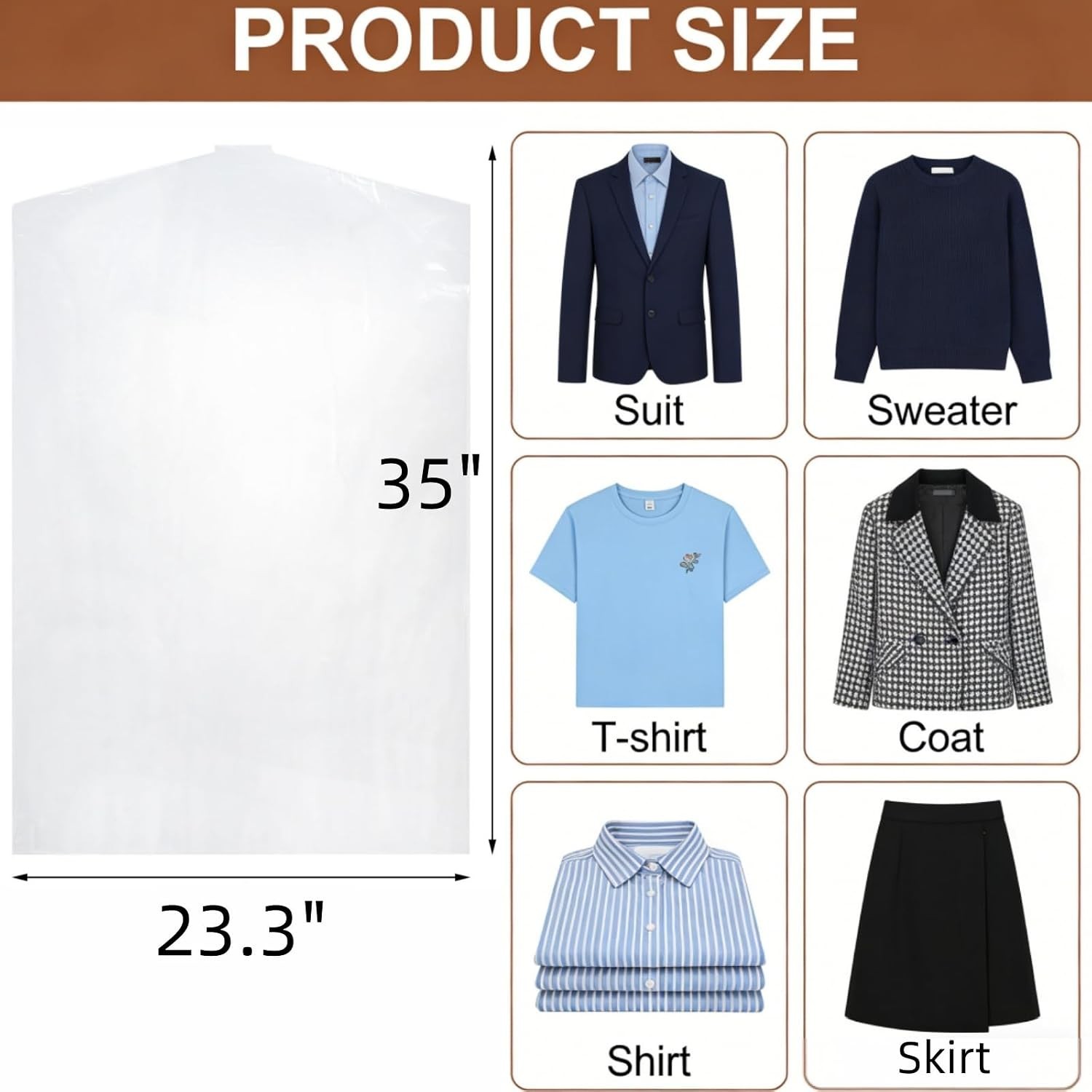 50 Pack Clear Plastic Garment Bags Hanging Clothes Dust Cover Storage 23×35