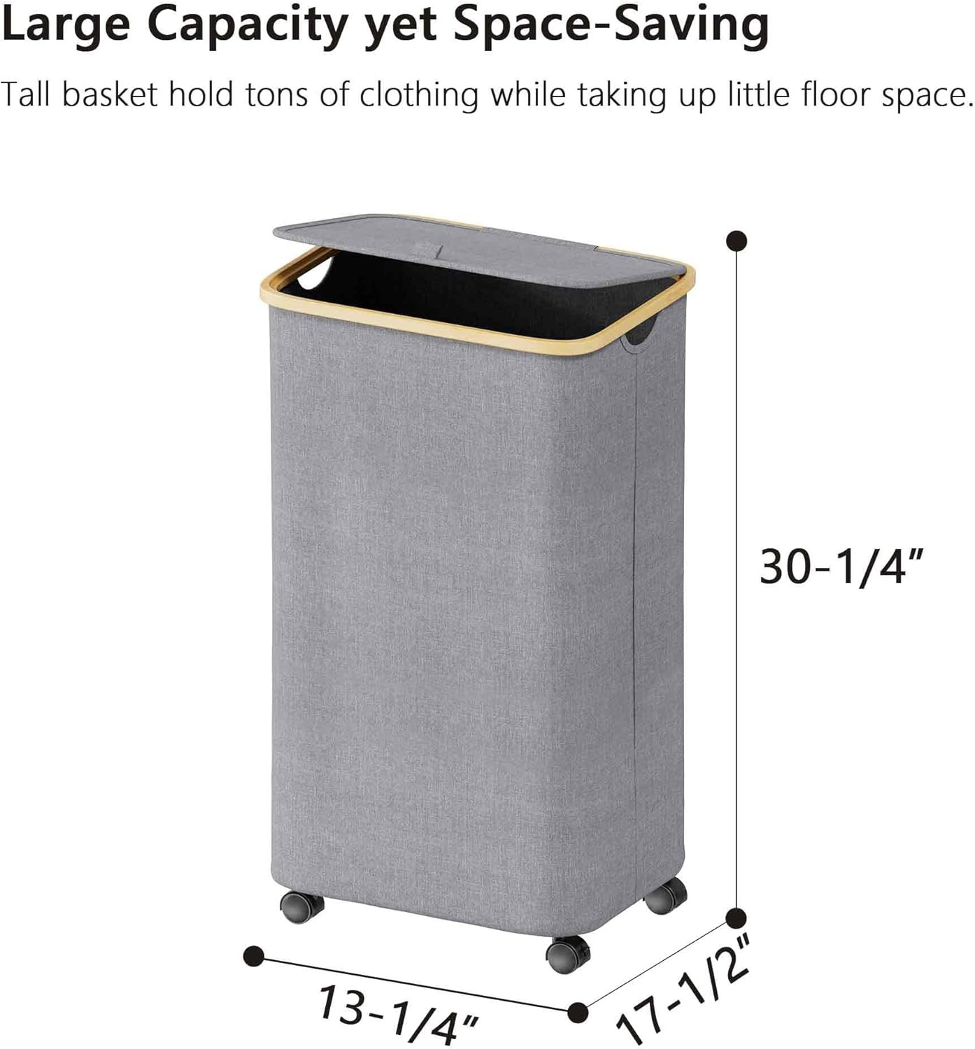 Wheeled Laundry Hamper with Lid, 100L Large Grey Clothes Basket Bamboo Handles