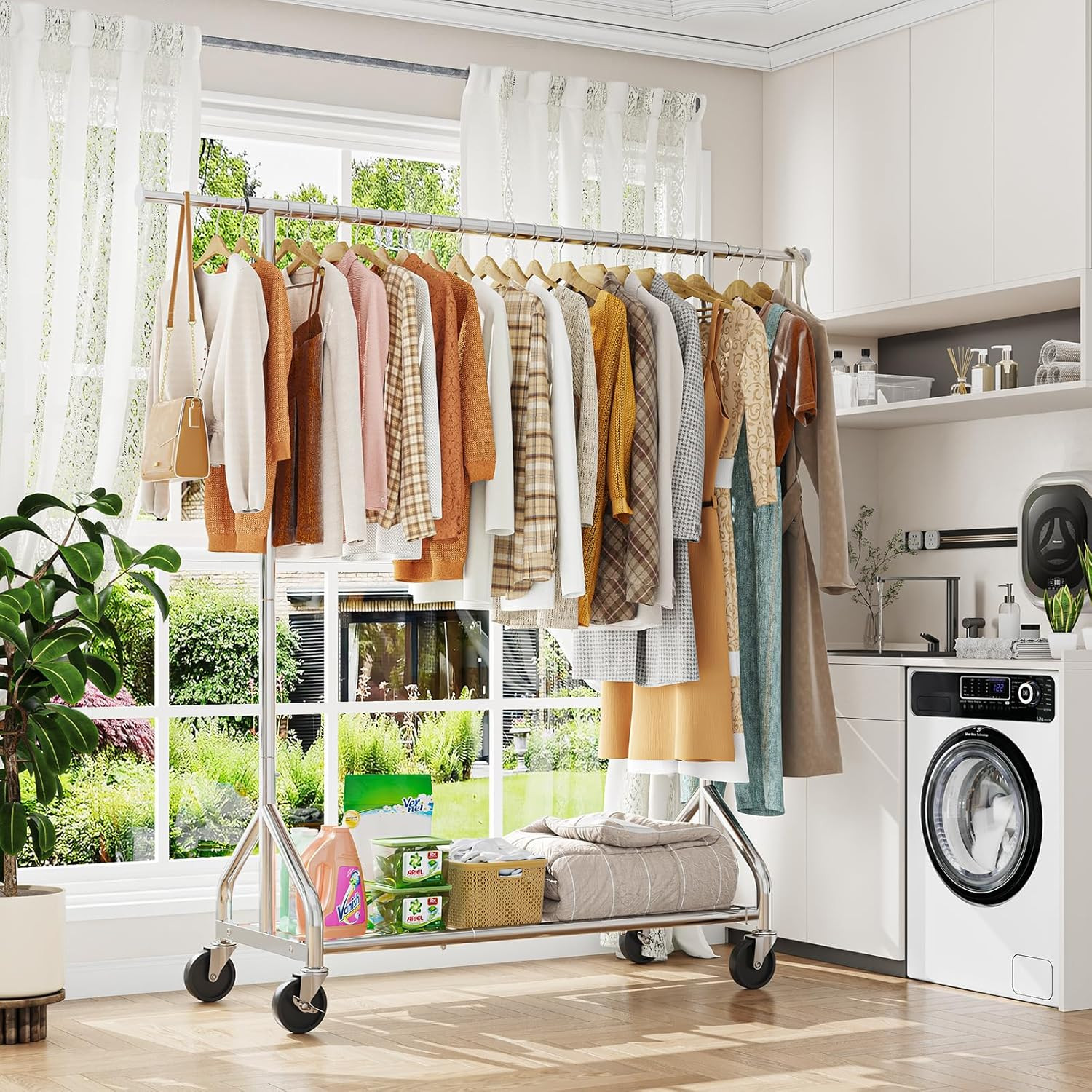 Sturdy 450 LBS Heavy Duty Clothes Rack with Wheels & Shelves for Any Room