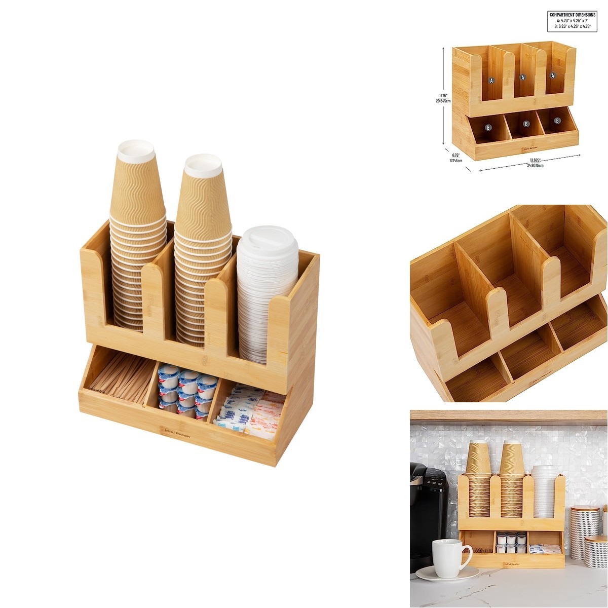 Mind Reader Cup and Condiment Station Bamboo Brown 13.625″L x 6.75″W x 11.5″H