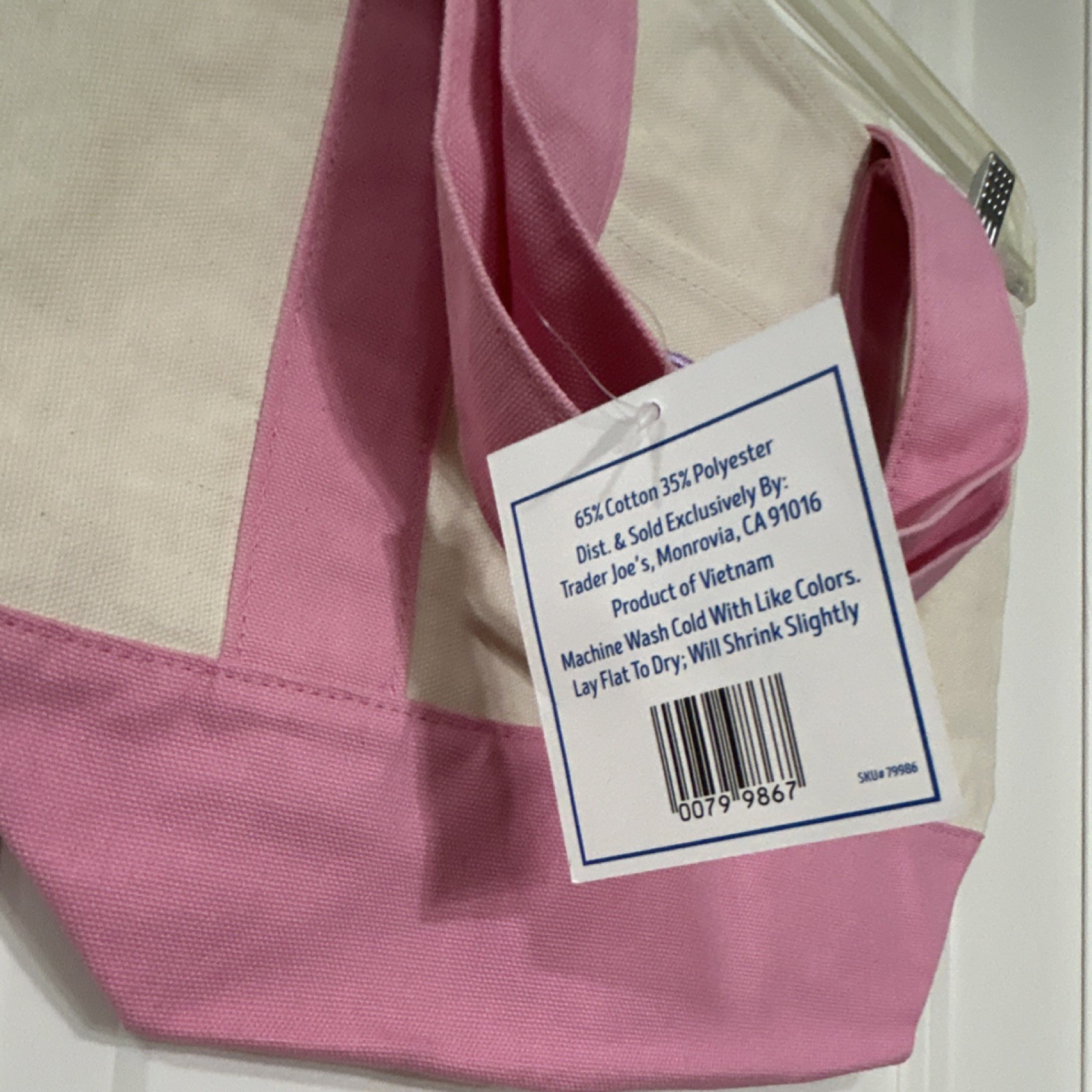 Trader Joe’s Foldable Reusable Tote Bag Pink Beige Cotton Polyester Color Block