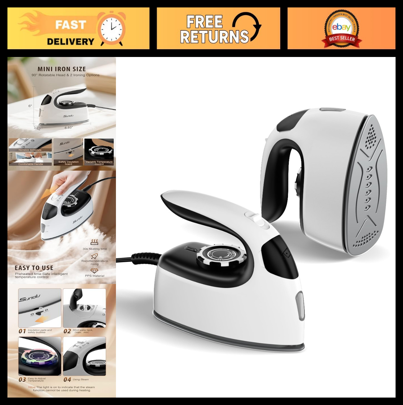 Portable Travel Iron with Steam, Non-Stick Soleplate, 300 Microsteam Holes, 90ml