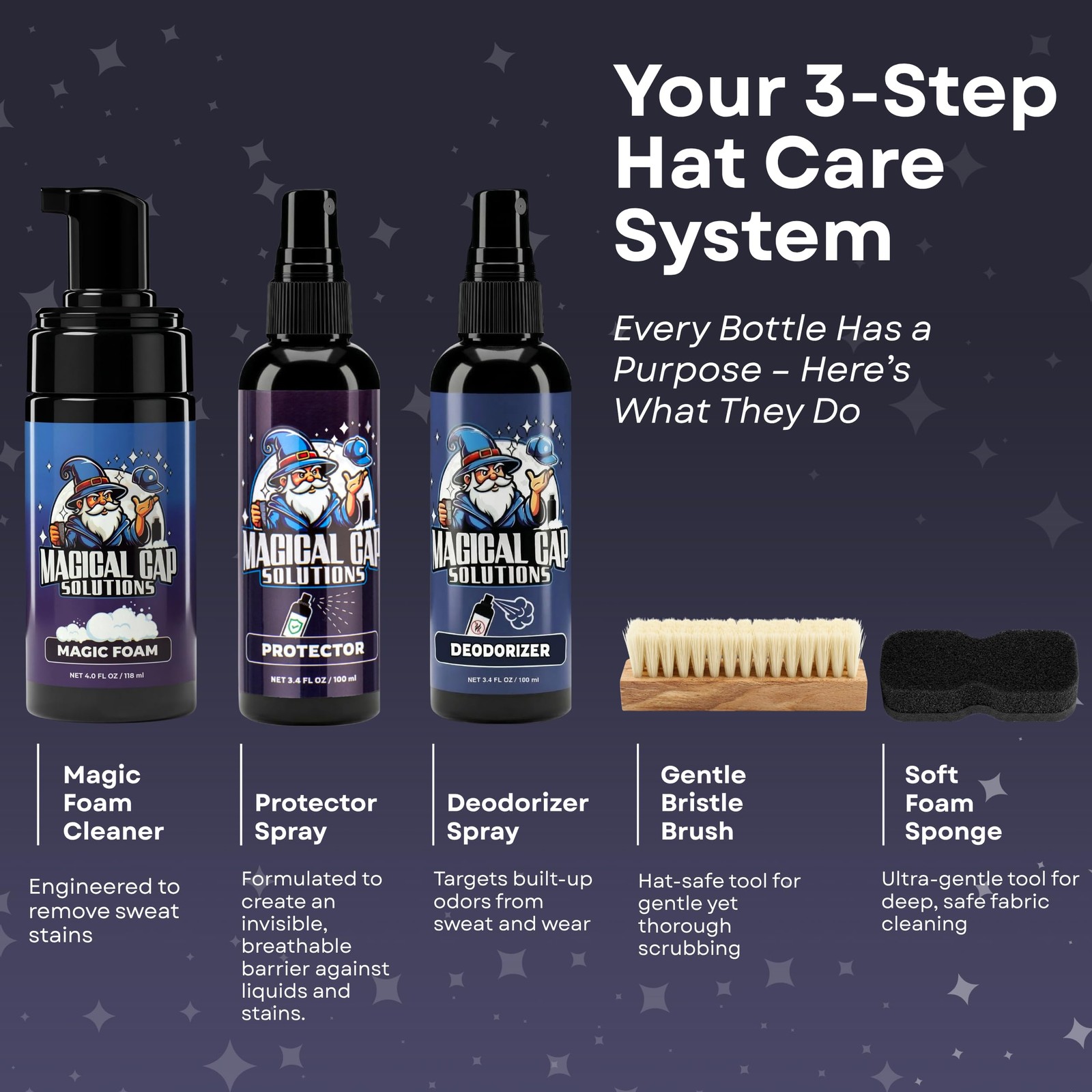 Hat Cleaning Kit 4-Step Headwear Cleaner Foam Brush Deodorizer Protector Caps