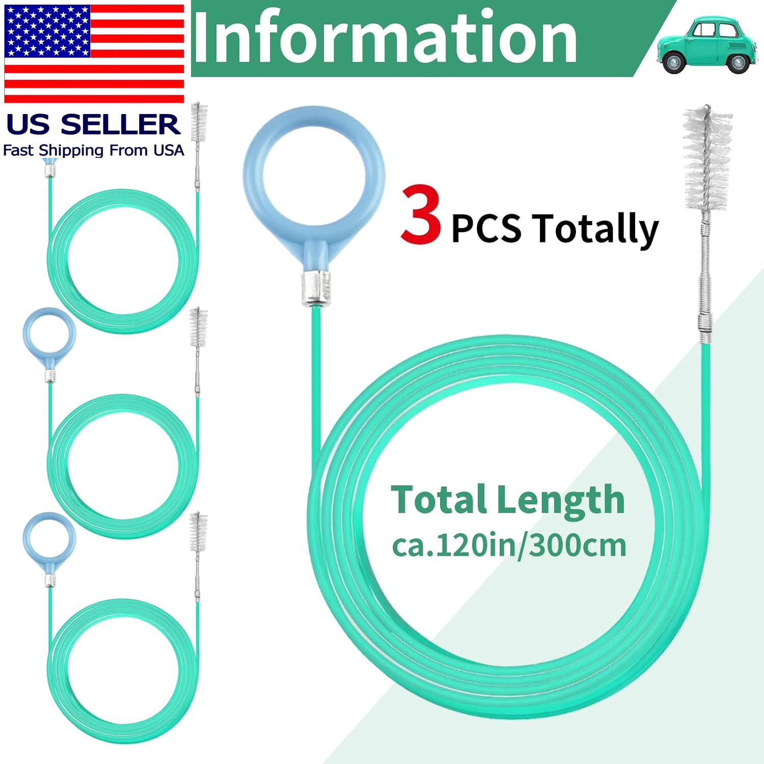3 Pcs Auto Sunroof Drain Cleaning Tool, 120 Inch Long Flexible Tube Cleaning Bru