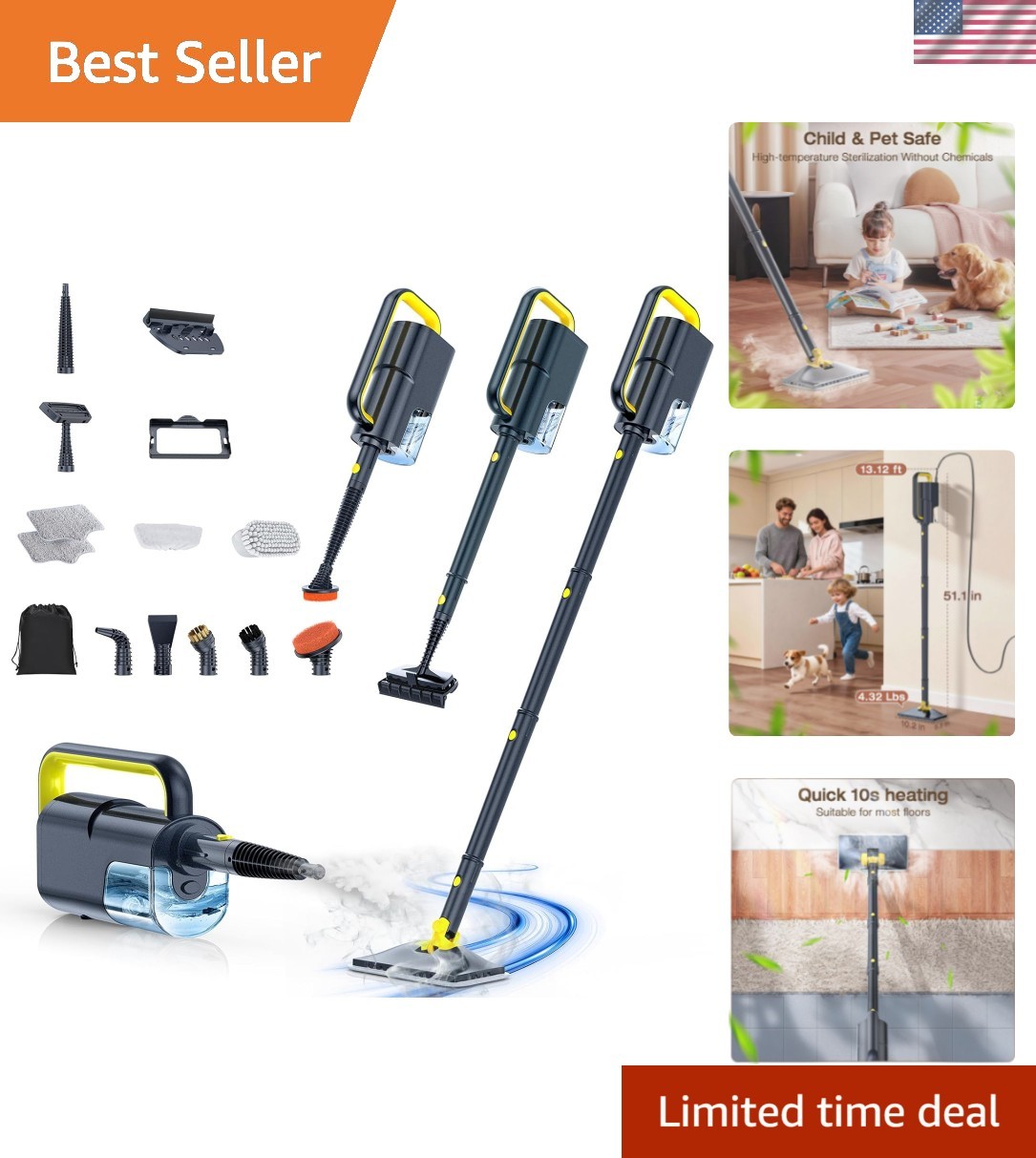 Steam Mop with Detachable Handheld Steam Cleaner, 10-in-1 Multi Accessories, …