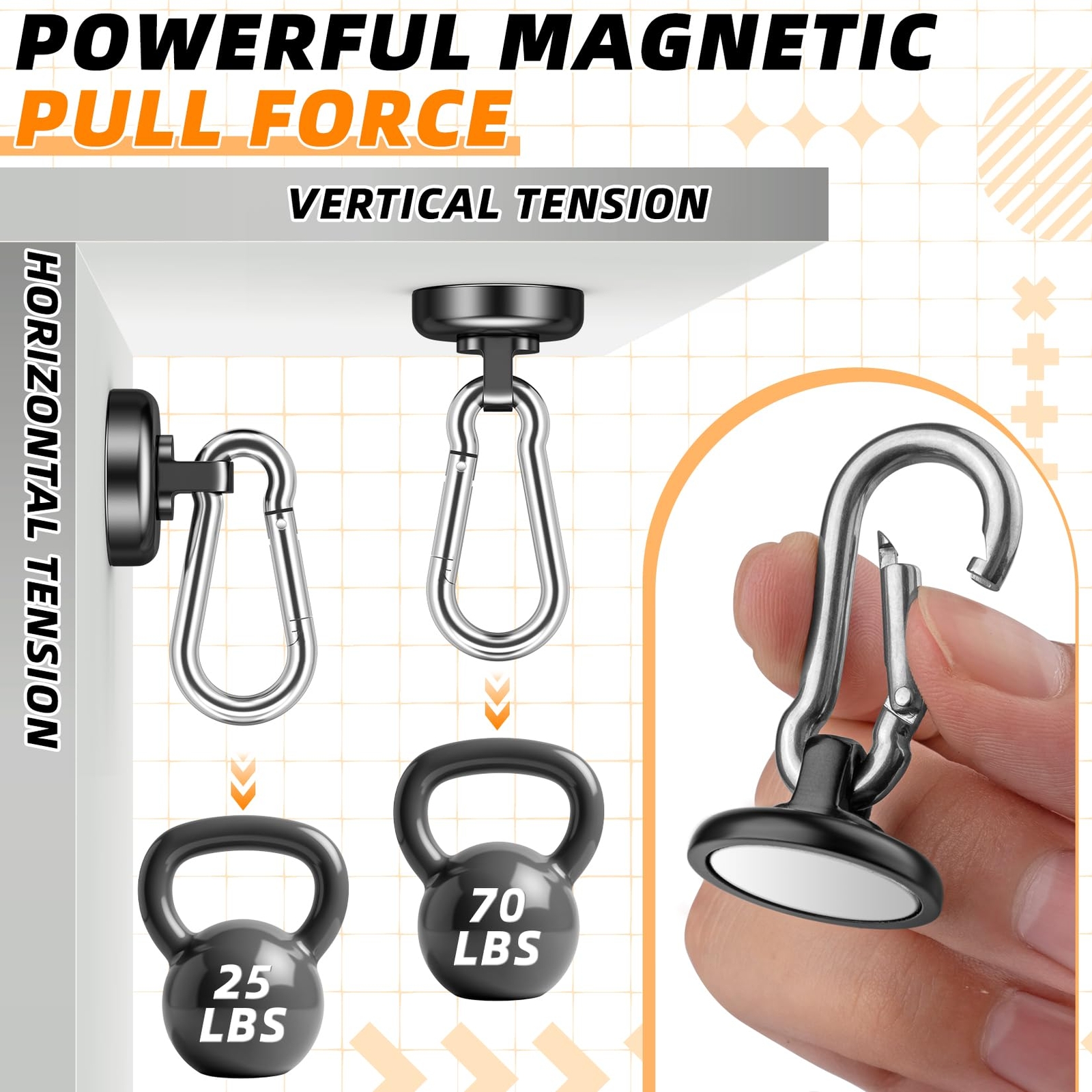 10-Pack Heavy Duty Magnetic Hooks with Swivel Carabiner 70LBS Capacity