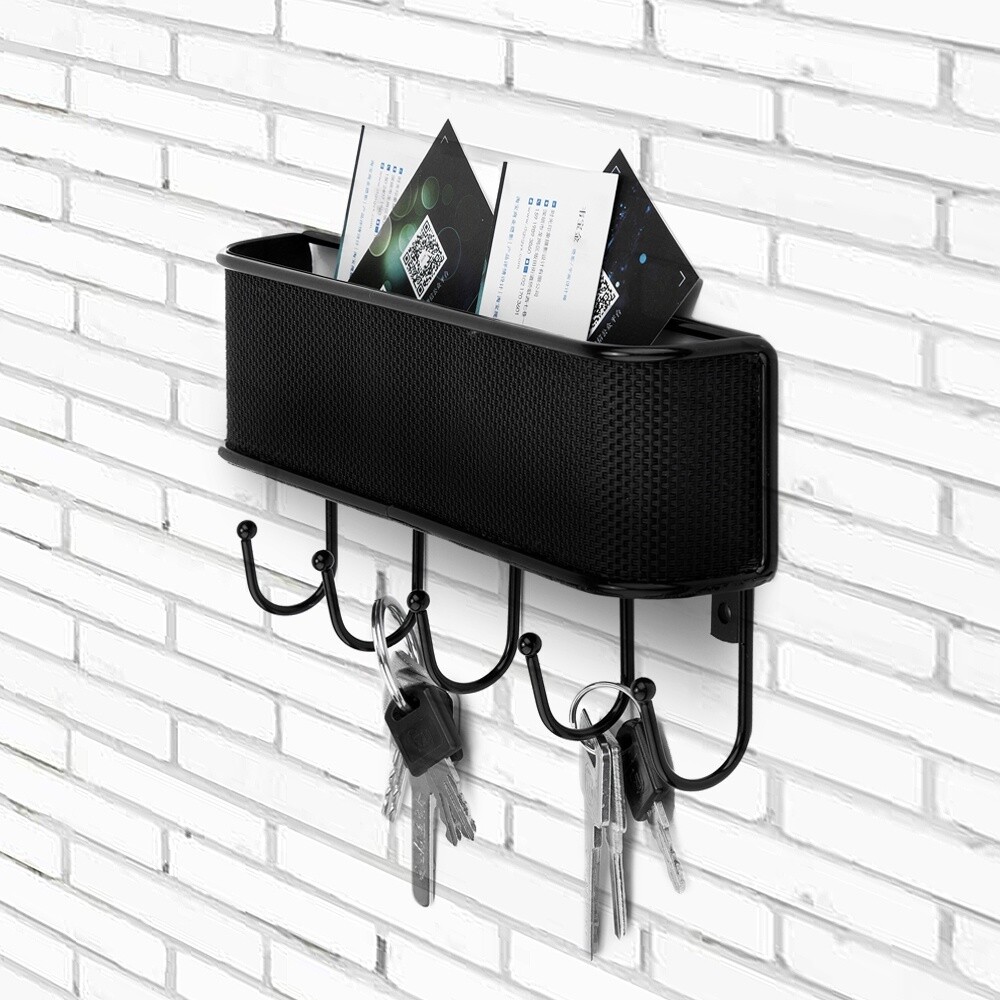 Wall-Mounted Key Holder & Mail Organizer with 5 Hooks – Entryway Storage & Decor