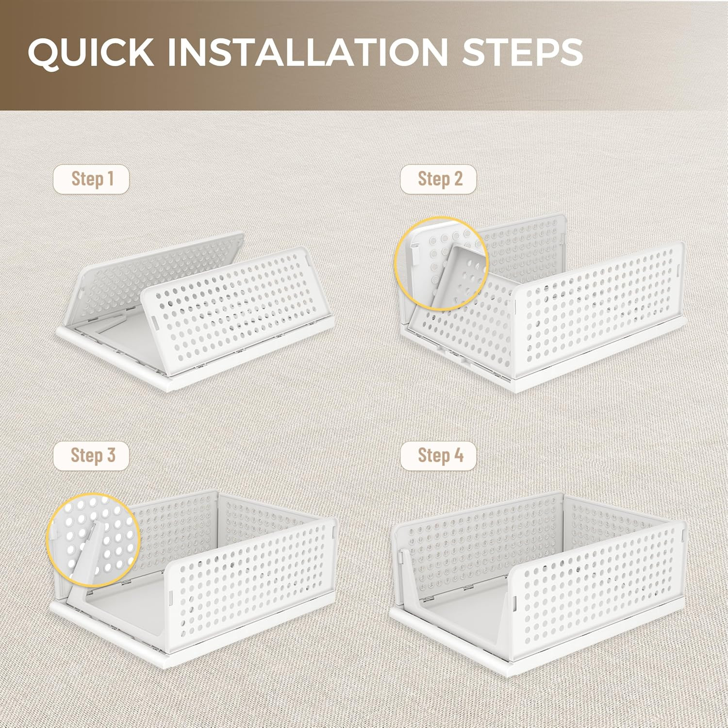 6 Pack Closet Organizer Storage Bins Plastic Stackable Foldable White for