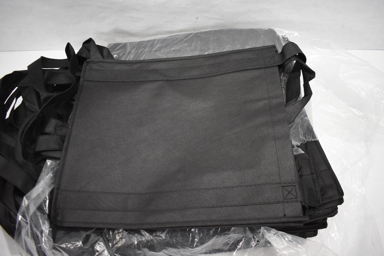 Lot of 25 Shopping Tote Bags BRANDED Black 2 Carry Handles w Bottom Insert
