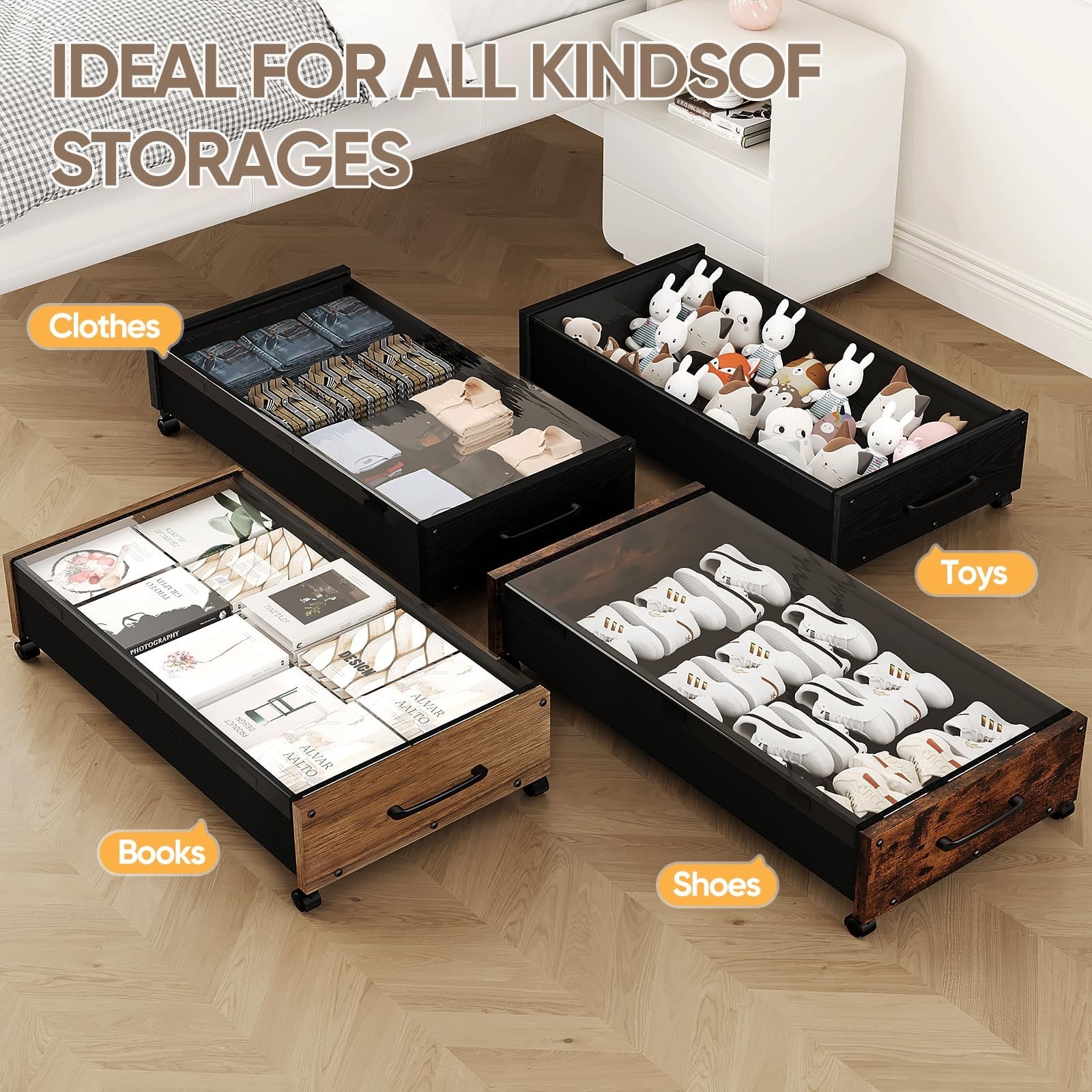 KITHELP Wooden Under Bed Storage with Wheels 80L 2 Pack Removable Lid
