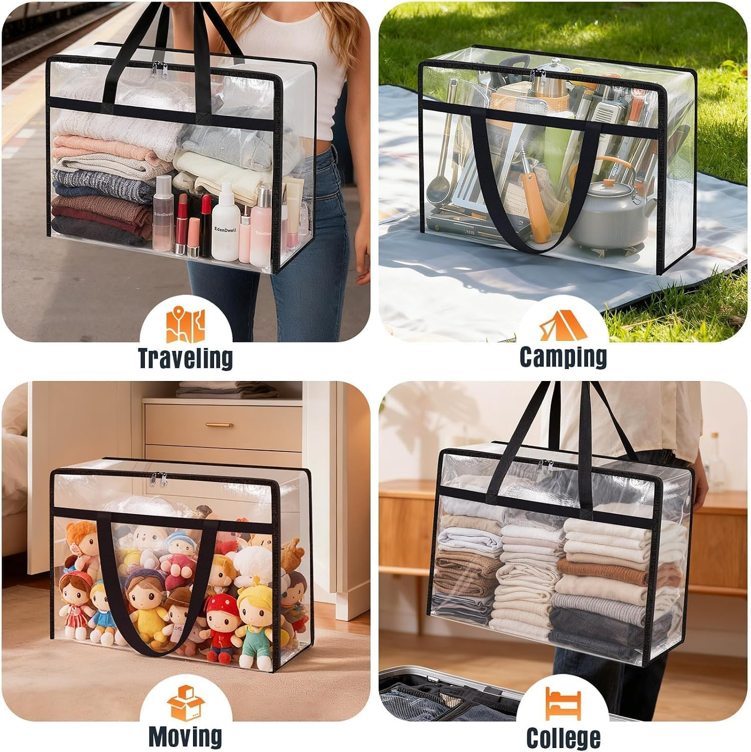 4 Packs 60L Clear under Bed Storage Containers, Large Clothes Storage Bags | Hea