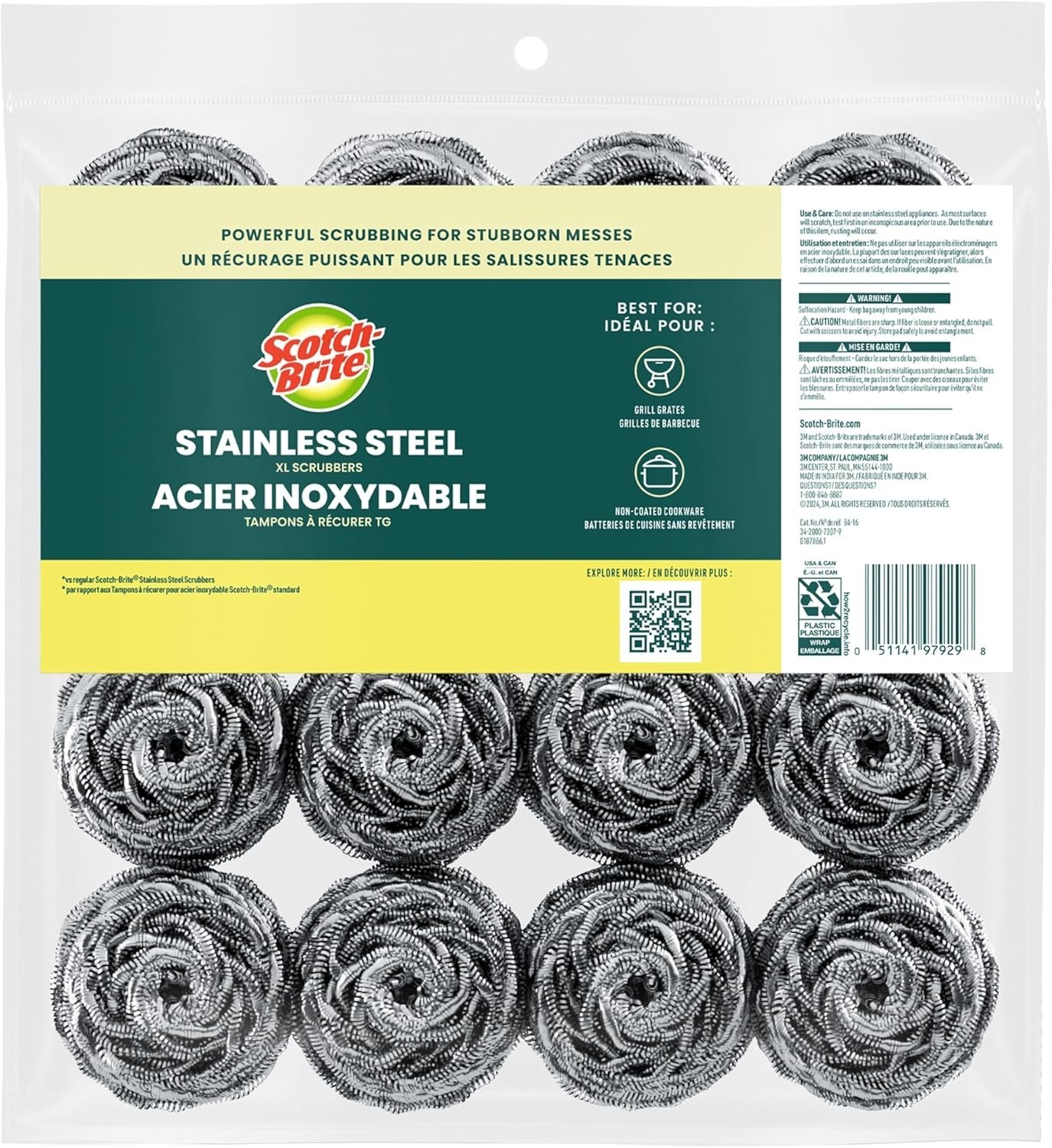 Scotch-Brite Stainless Steel Scrubbers 16 Count Heavy Duty Cookware Cleaning Pad