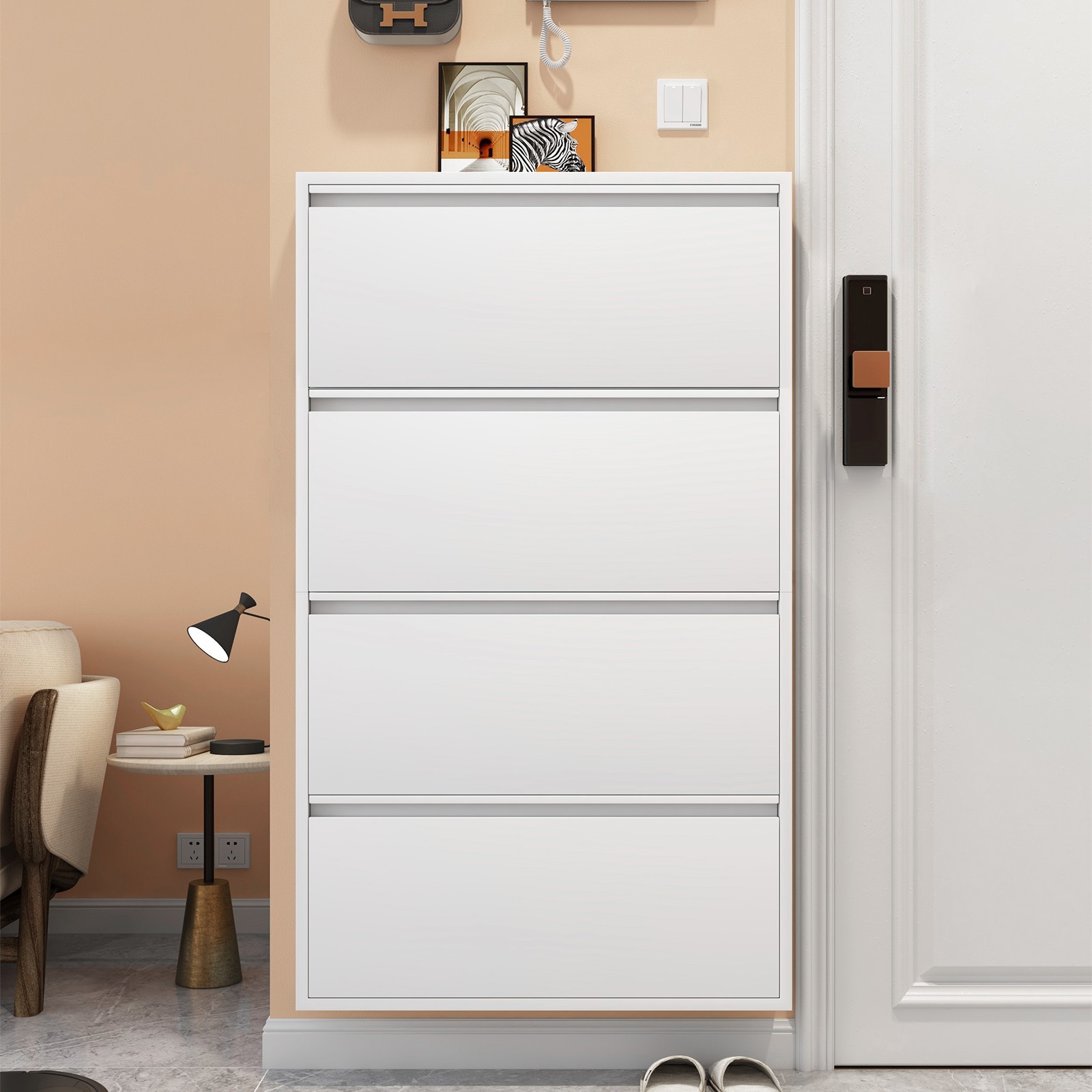 Metal Shoe Cabinet with 4 Flip Drawers, Wall Mount Shoe Organizer for Entryway