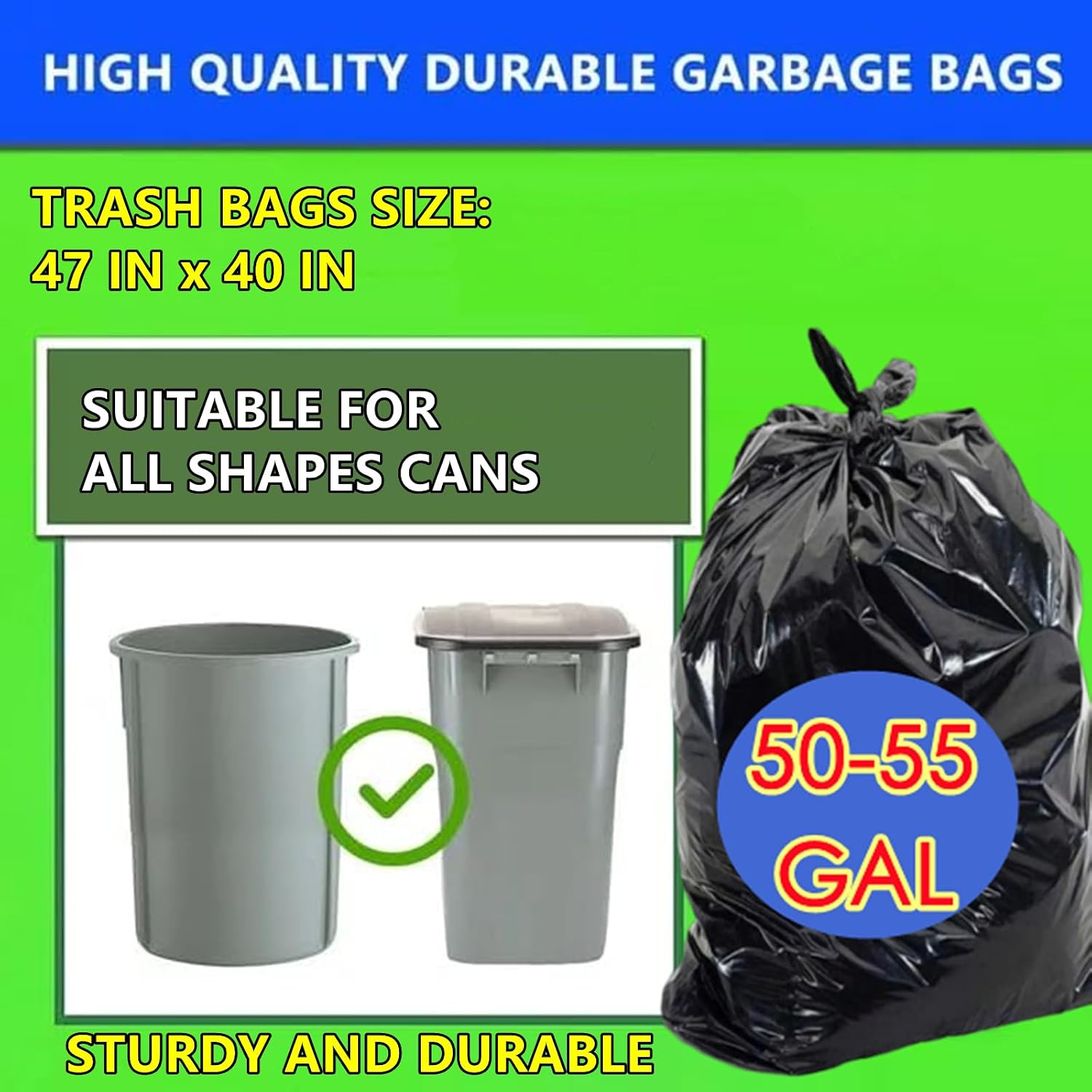 55 Gallon Trash Bag, 66 Count Garbage Trash Bags, 2.0 Mil Heavy Duty 40 x 47″ La