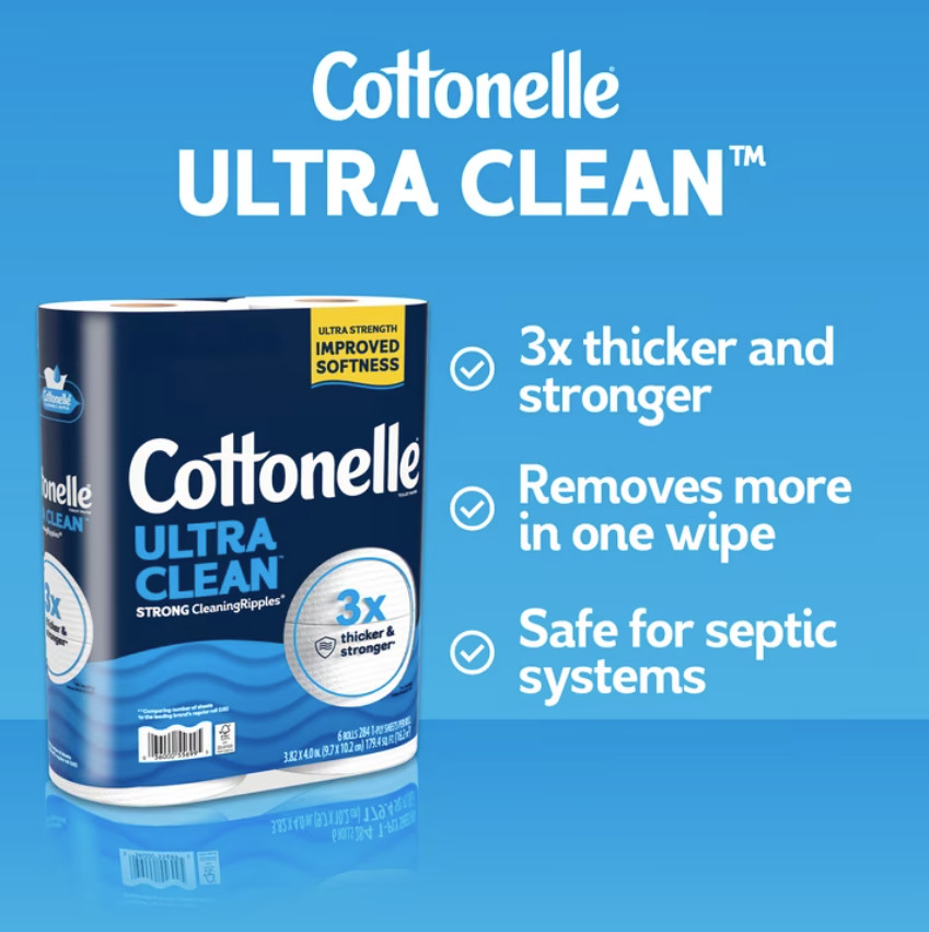 2 Pack Cottonelle Ultra Clean Toilet Paper, Strong Toilet Tissue, 36 Mega Rolls
