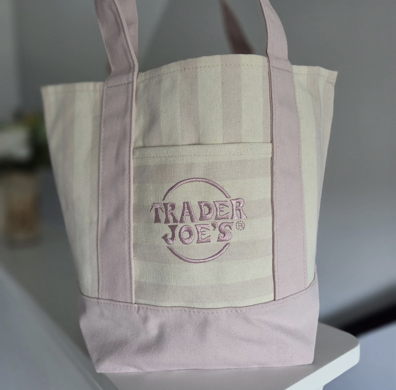 Trader Joe’s Striped Mini Canvas Tote Bag, Pink/White, Cotton/Polyester