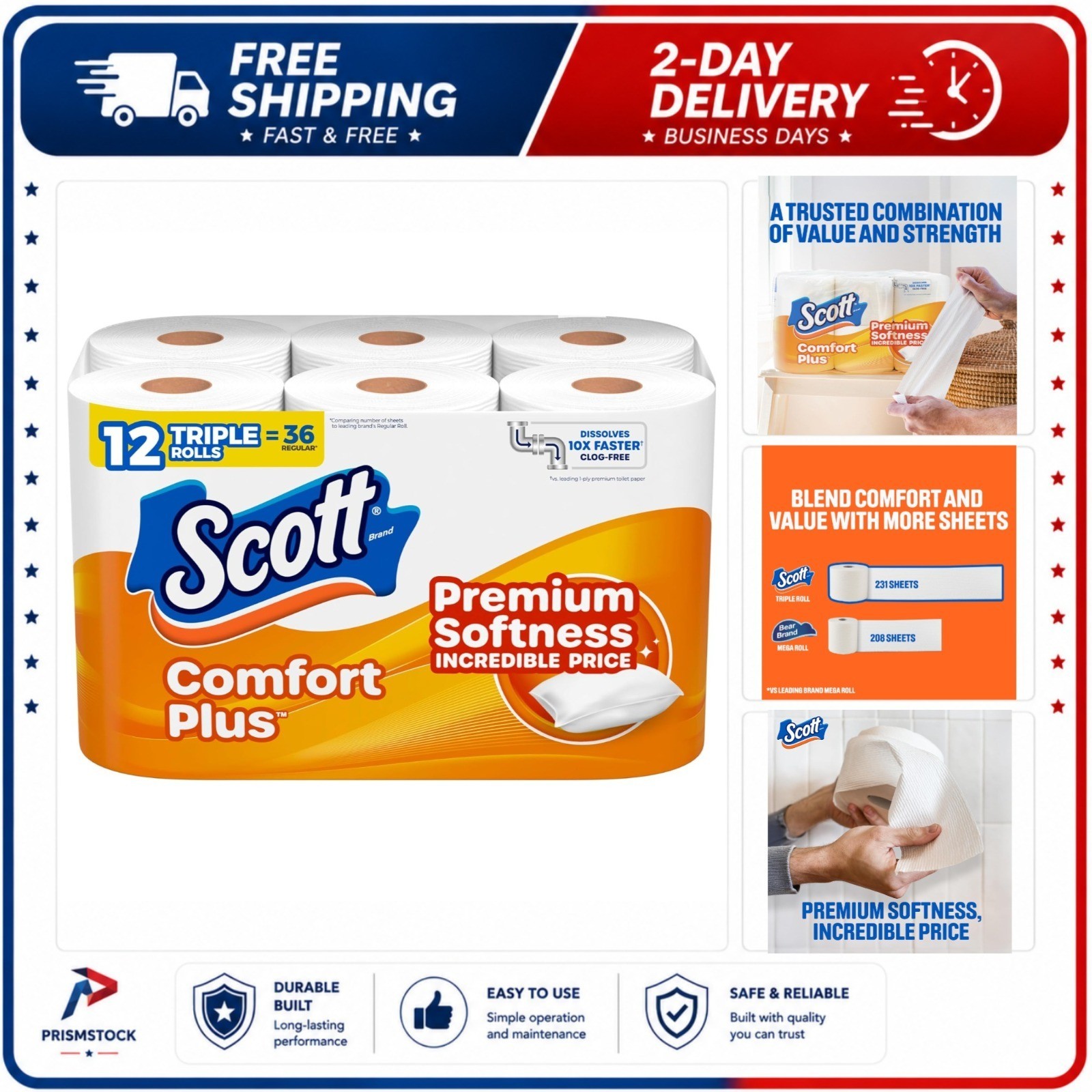 Scott ComfortPlus Toilet Paper 12 Triple Rolls 231 Sheets 1-Ply Septic Safe
