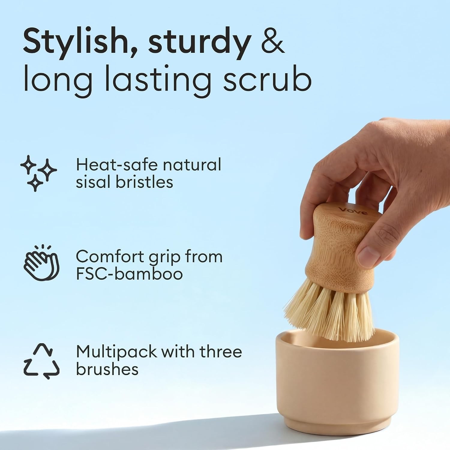 Bamboo Dish Scrub Brush Set, 3-Pack Plastic-Free Kitchen Brushes for Dishes P…