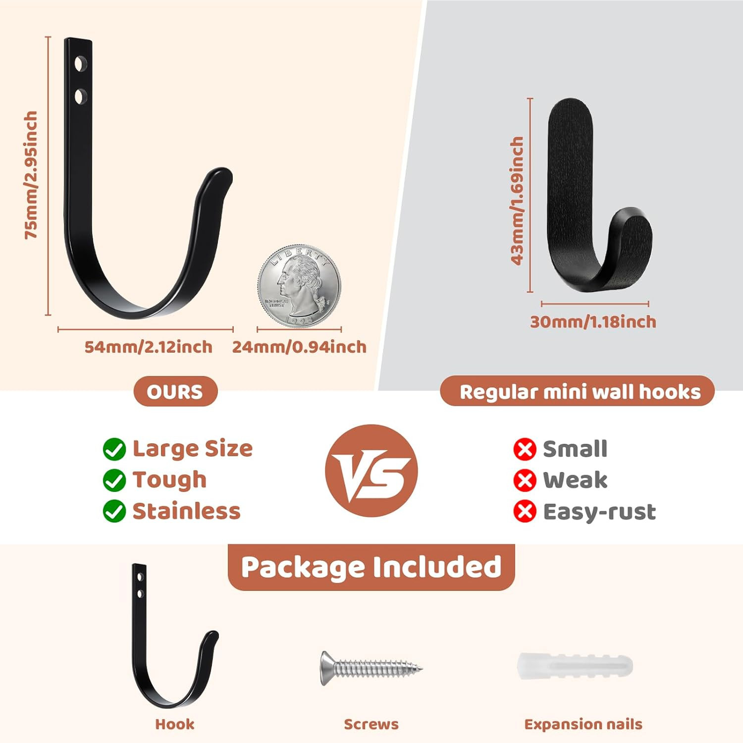 Wall Hooks for Hanging, Large Coat Hooks Wall Mount, Heavy Duty Screw in Metal H