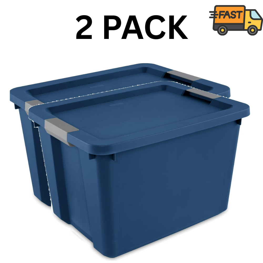 2 Pack 20 Gallon Storage Bin Plastic Container w Latch Lid Blue Heavy Duty