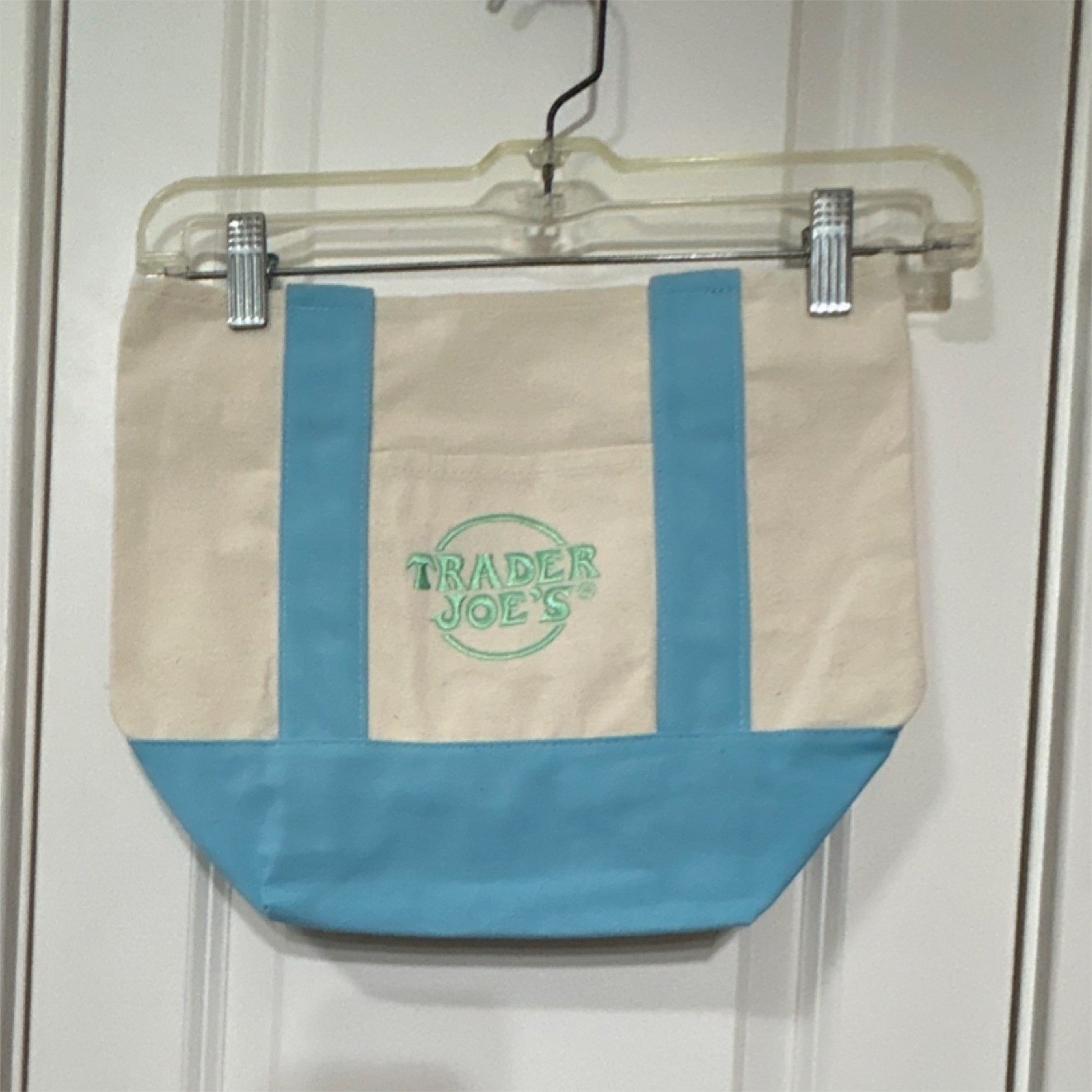 Trader Joe’s Reusable Shopping Bag Blue Beige Cotton Polyester Color Block
