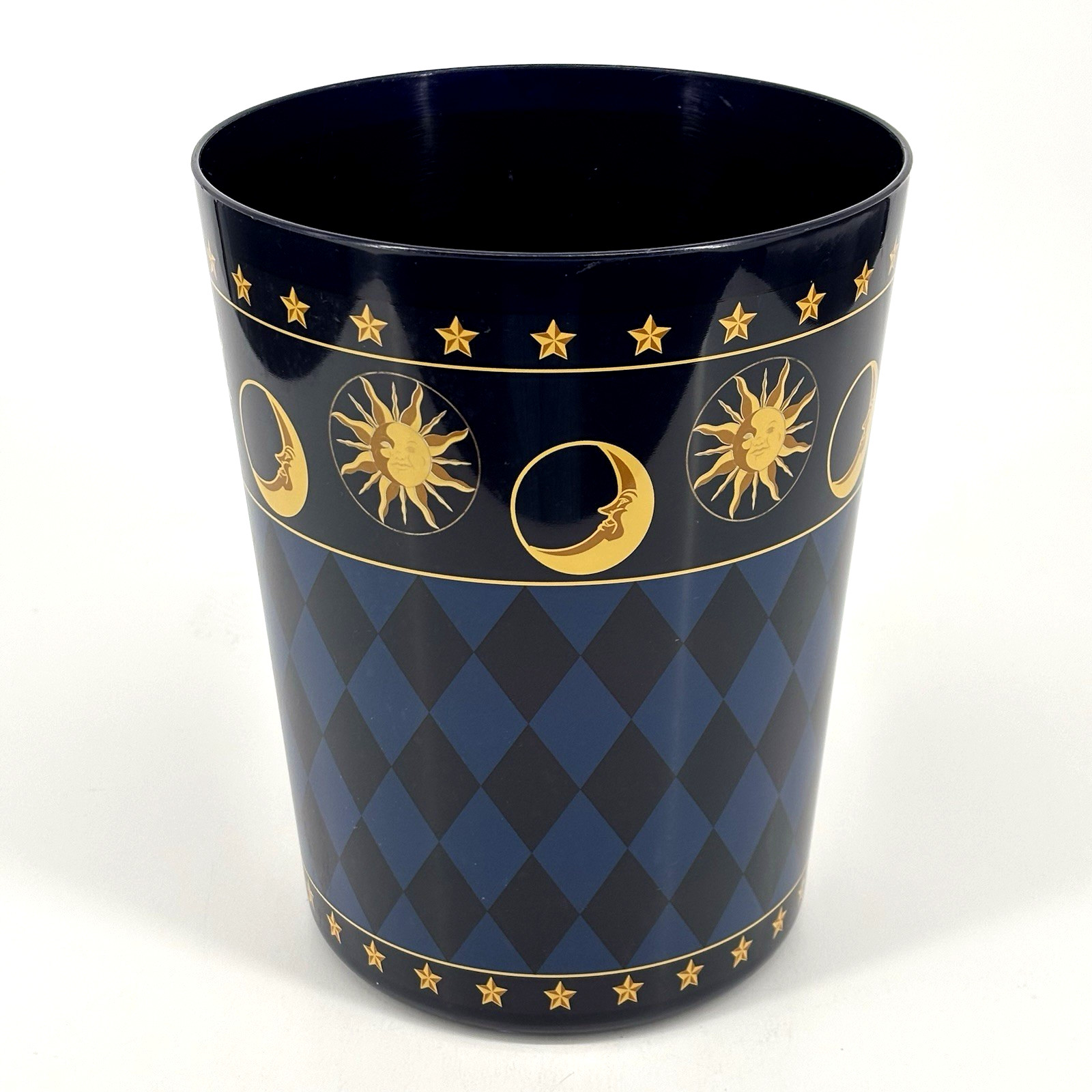 Celestial Night Sky Waste Basket Trash-Can Moon Star Sun Navy Blue VTG