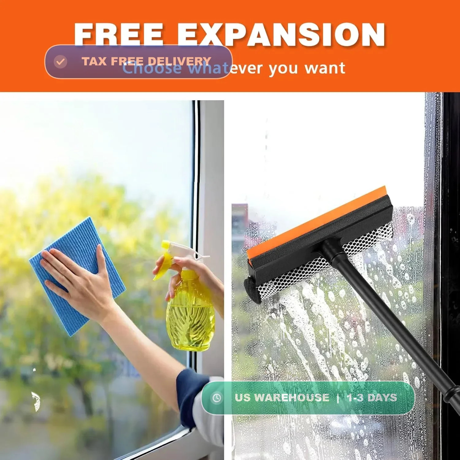 2 in1 Window Squeegee for Car, Window Cleaner with 16inch Long Handle,Sponge Car