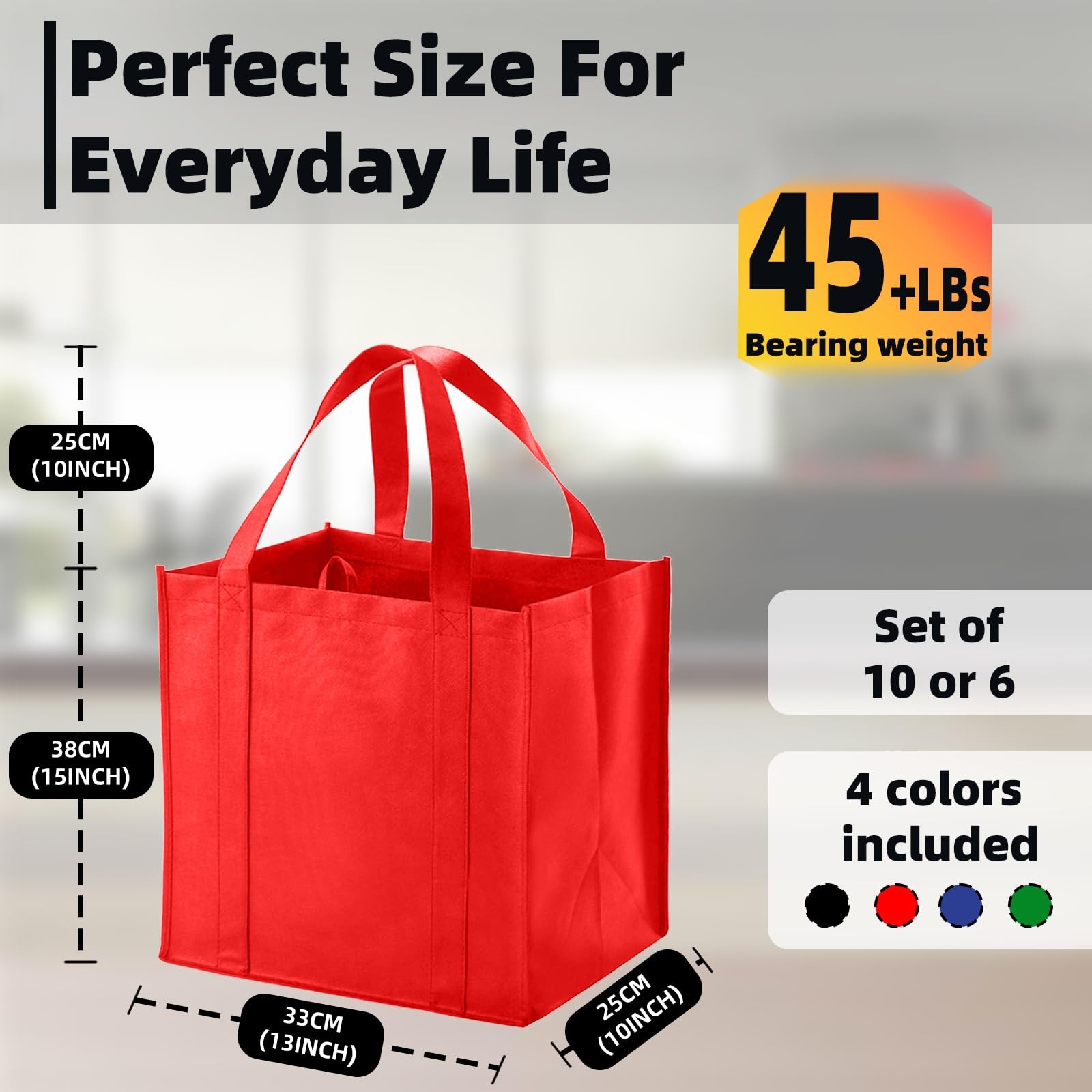 6 PCS Reusable Grocery Bags Heavy Duty Plastic Bottom Red Holds 40 Lbs