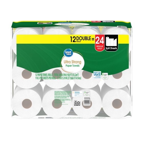 (2 pack) Great Value Ultra Strong Paper Towels, White, 12 Double Rolls, 1320