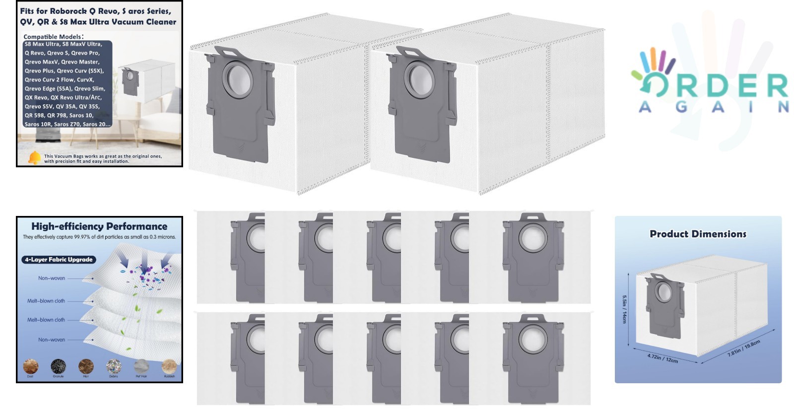 12 Pack Vacuum Bags for Roborock Dust Bag Replacement Large Capacity