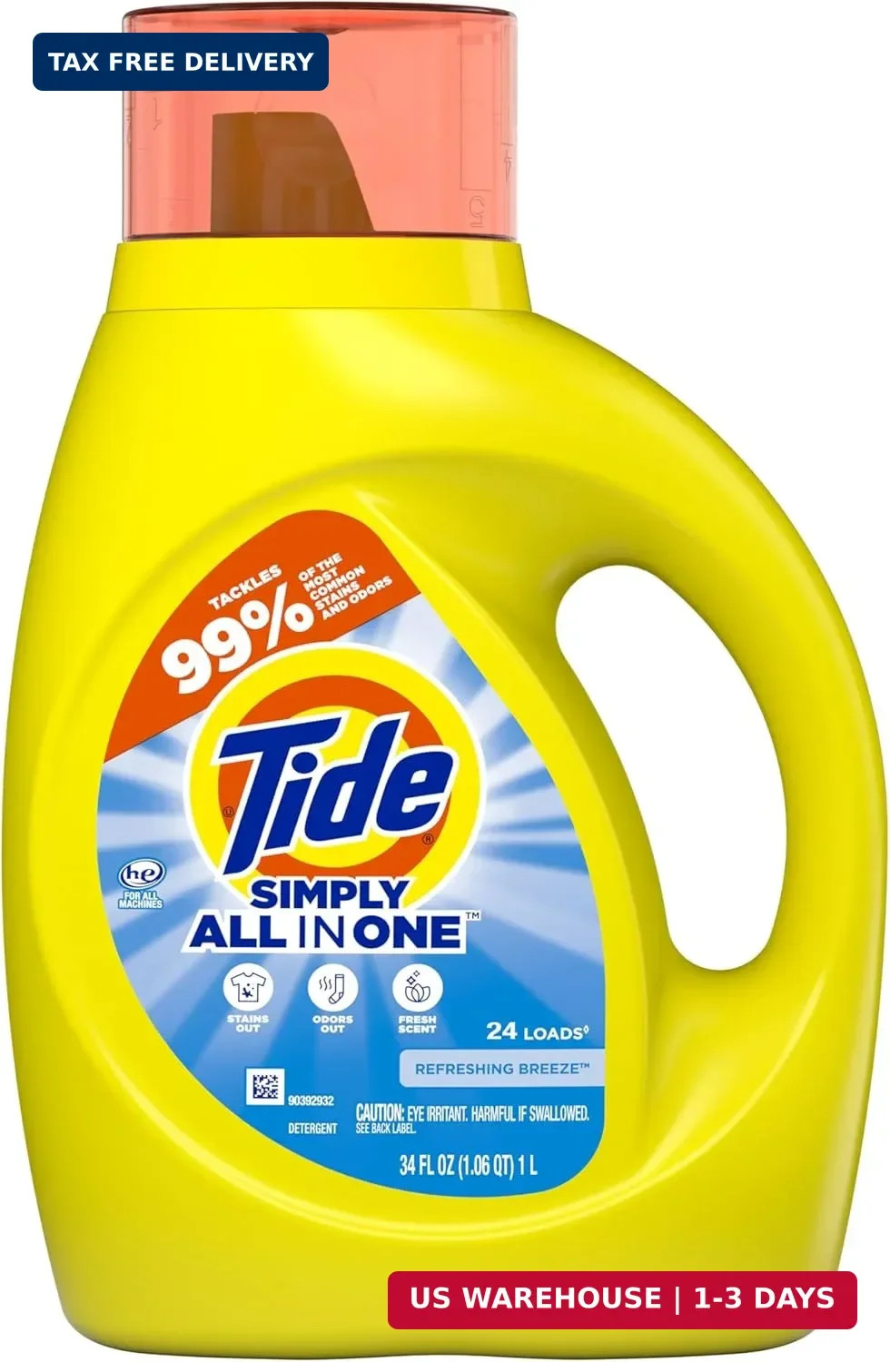 Tide Simply All-In-One Liquid Laundry Detergent, Refreshing Breeze Scent, 24 Loa