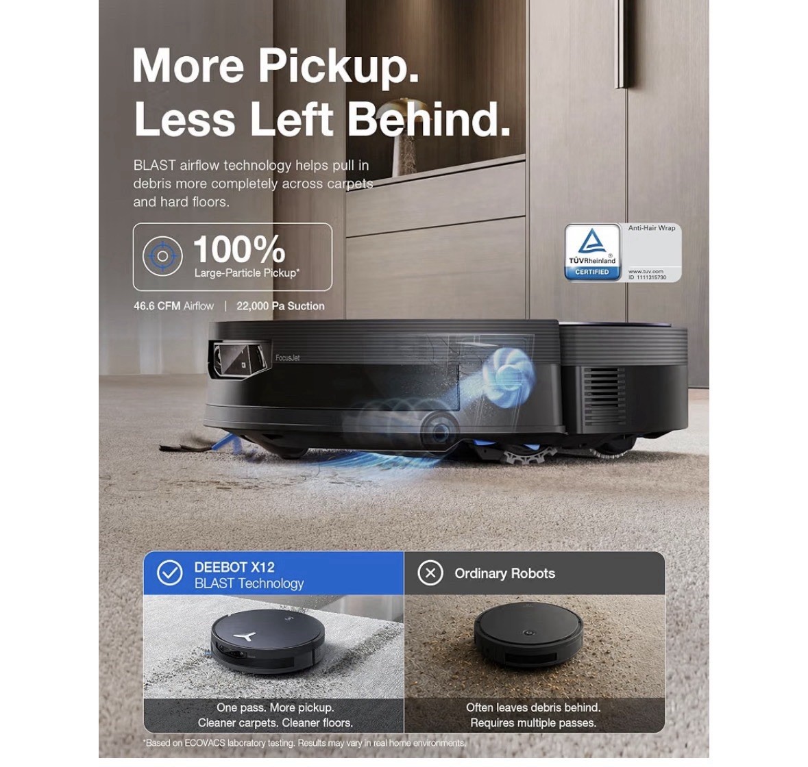 ECOVACS DEEBOT X12 OMNICYCLONE Robot Vacuum, FocusJet Pre-Spray Roller Mop