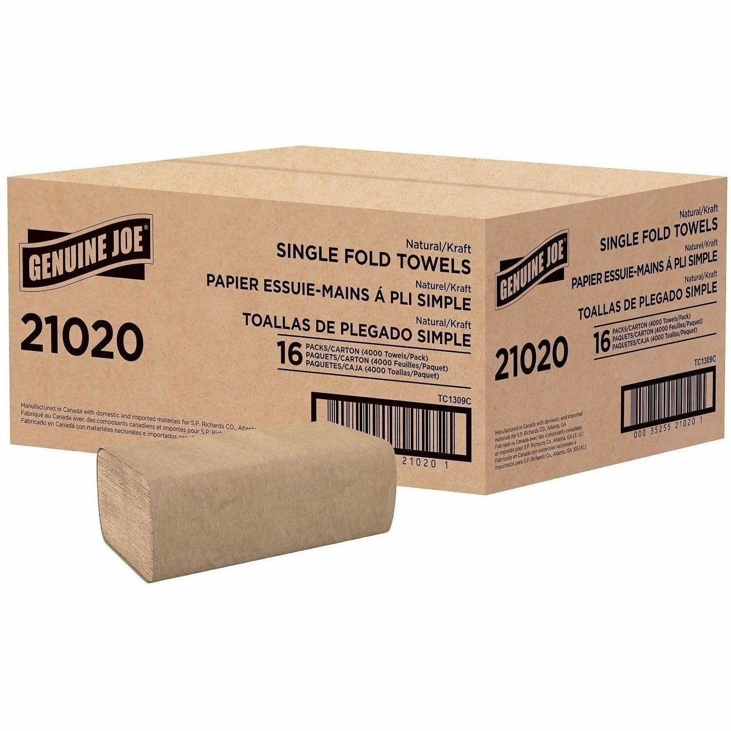 Singlefold Paper Towels, 10.25″ x 9.1″, 1Ply, Kraft, 250/Pack, 16 Count