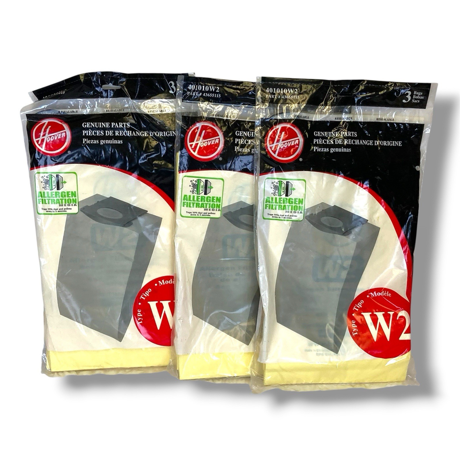3 Packs Genuine Hoover Type W2 Allergen Bag (3-Pack) 401010W2 (3 Packs = 9 Bags)