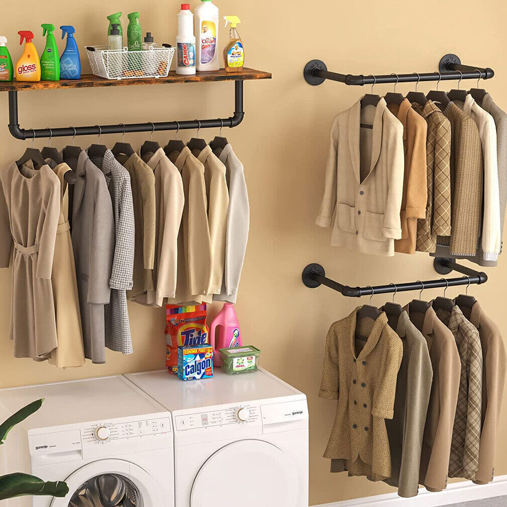 2X Wall Mounted Clothes Rack Industrial Pipe Clothes Hanging Bar Space Saving