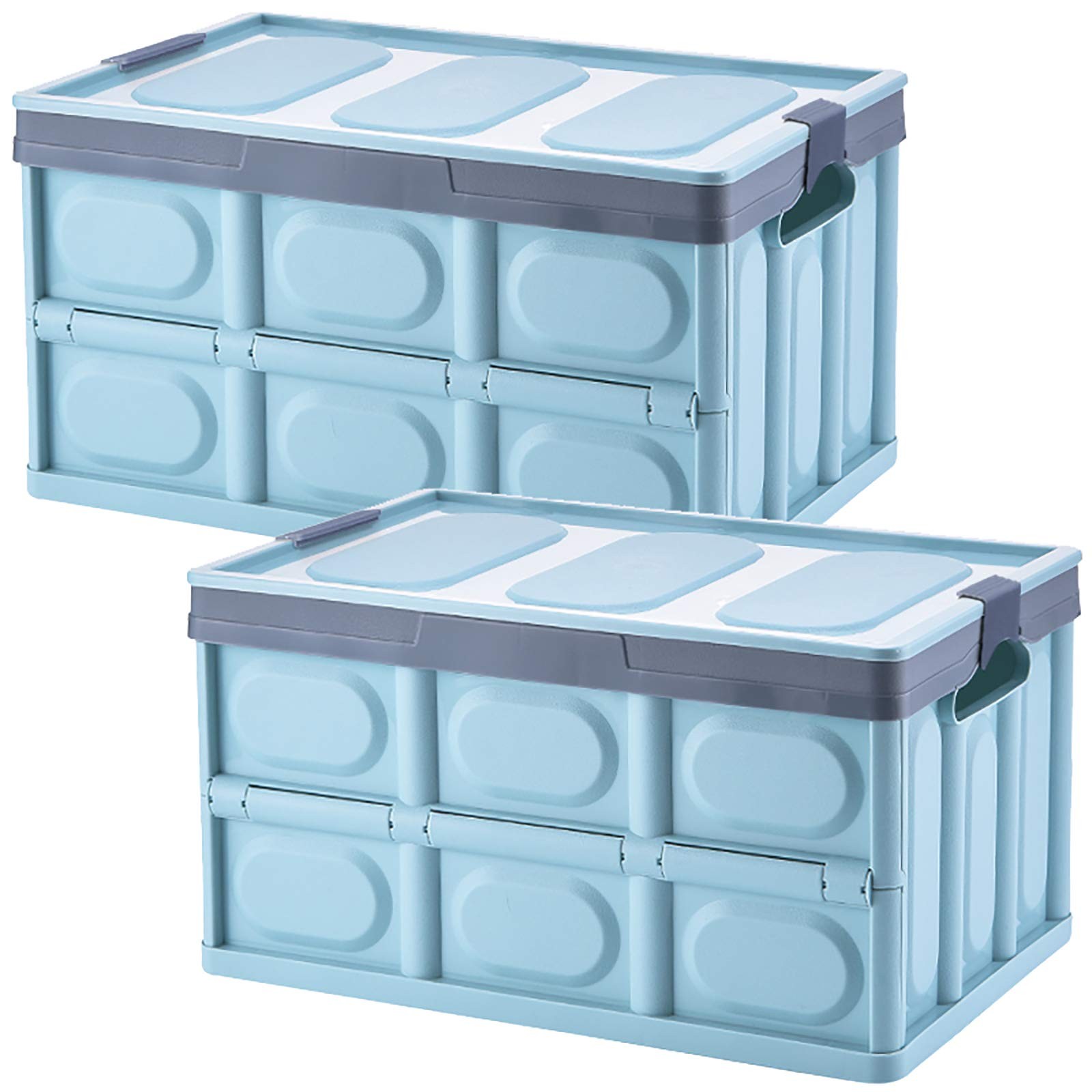 Lidded Storage Bins 2 Pack 30L Blue – Stackable Collapsible Plastic Crates