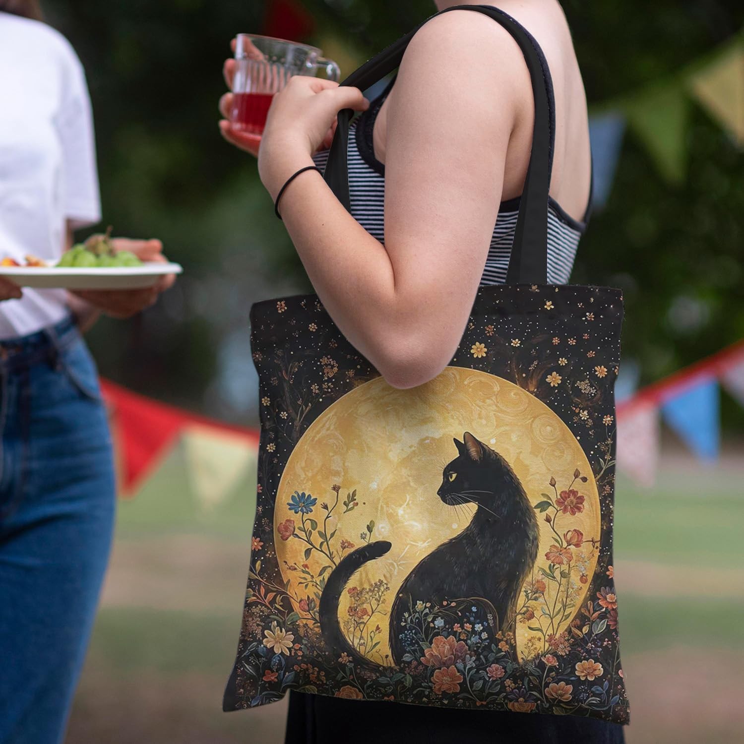 Celestial Witchy Black Cat Tote Bag for , Art Nouveau Floral Moon Cat Canvas …