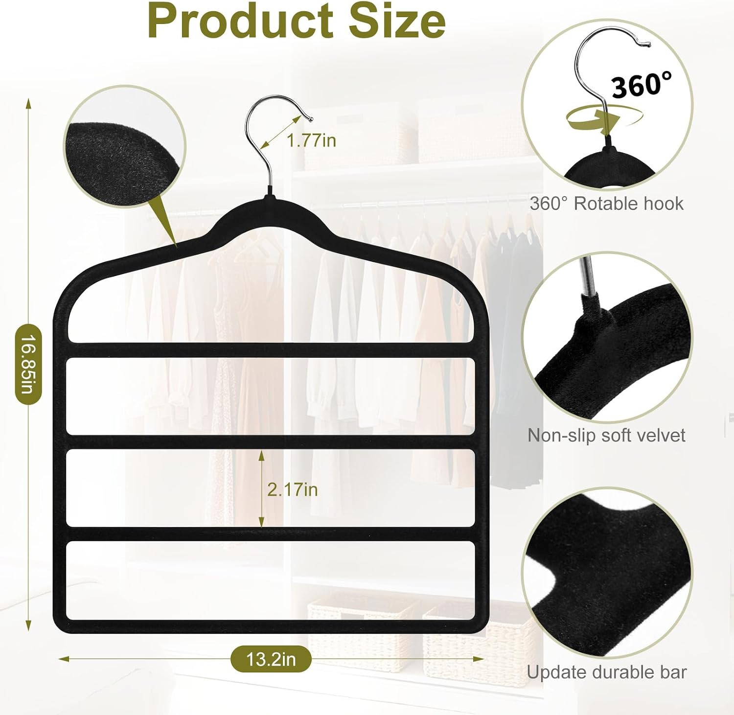 Pants Hangers Space Saving, 2 Pack Velvet-Coated Plastic Multi-Layer