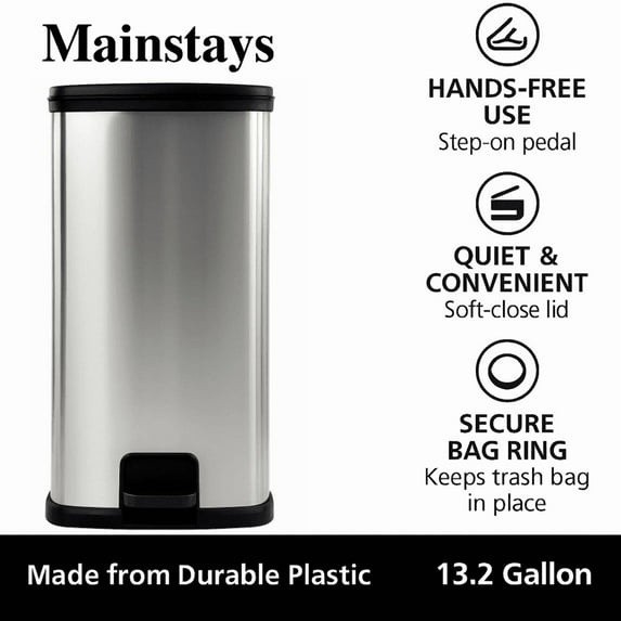 Mainstays Kitchen Trash Can, 13.2 Gallon Plastic Step Garbage Bin with Lid, Silv