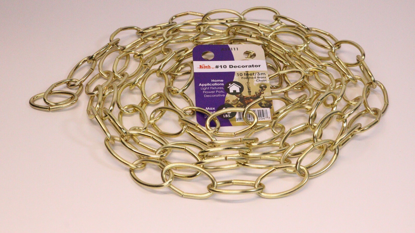 10 Feet #10 Decorator Polished Brass Chain 45 LBS Max Load 20 KG NIB